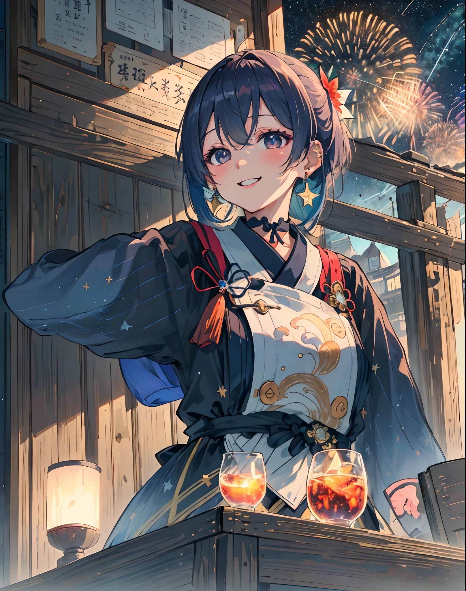 (巨作, Best Quality, highres, A highly detailed, 8k, 4k), Artbook, anime coloring, cg, illustration , fantaisie, collect taxes ,1girl, 独奏, earring, choker, The background is a huge ornate round pattern, smile, Happy looking at the scenes, fireworks, stars, night, outdoors, (dutch angle), Close -up, focus on face, Upper body, Yumeya (genshin impact)