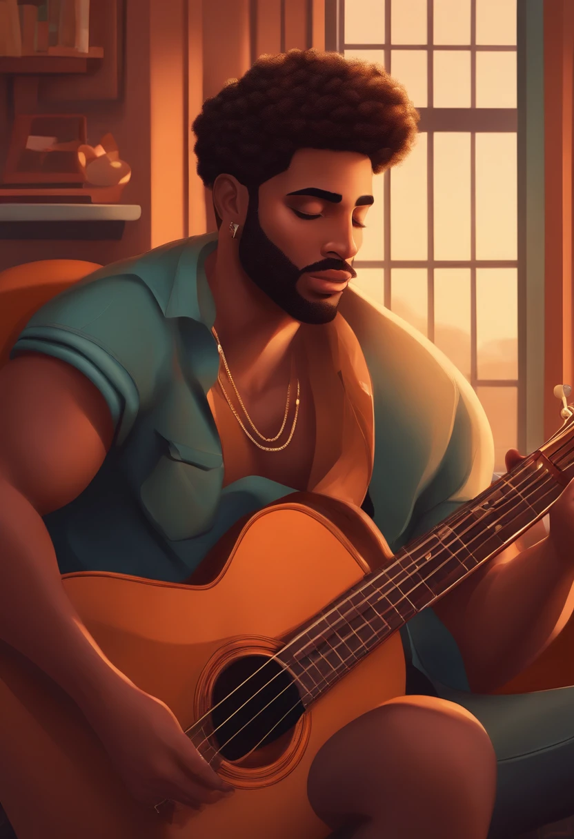 Brown Skinned Man Illustration, com uma barba pequena, Jayison Devadasdeitado na cama com uma guitarra ao fundo, em torno de 1 9 anos, Mohamed Chahin, 2 3 anos, 2 7 anos, 2 8 anos, caio santos, Alex, Riyahd Cassiem, desenhando no estilo de Arte 3D, estilo disney, 8k