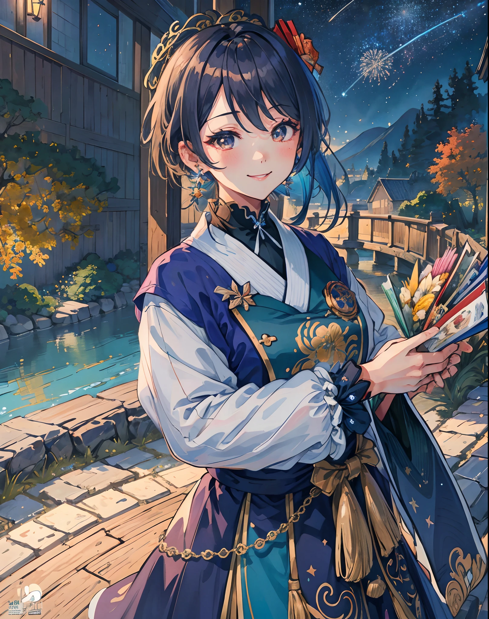 (巨作, Best Quality, highres, A highly detailed, 8k, 4k), Artbook, anime coloring, cg, illustration , fantaisie, collect taxes ,1girl, 独奏, earring, choker, The background is a huge ornate round pattern, smile, Happy looking at the scenes, fireworks, stars, night, outdoors, (dutch angle), Close -up, focus on face, Upper body, Yumeya (genshin impact)