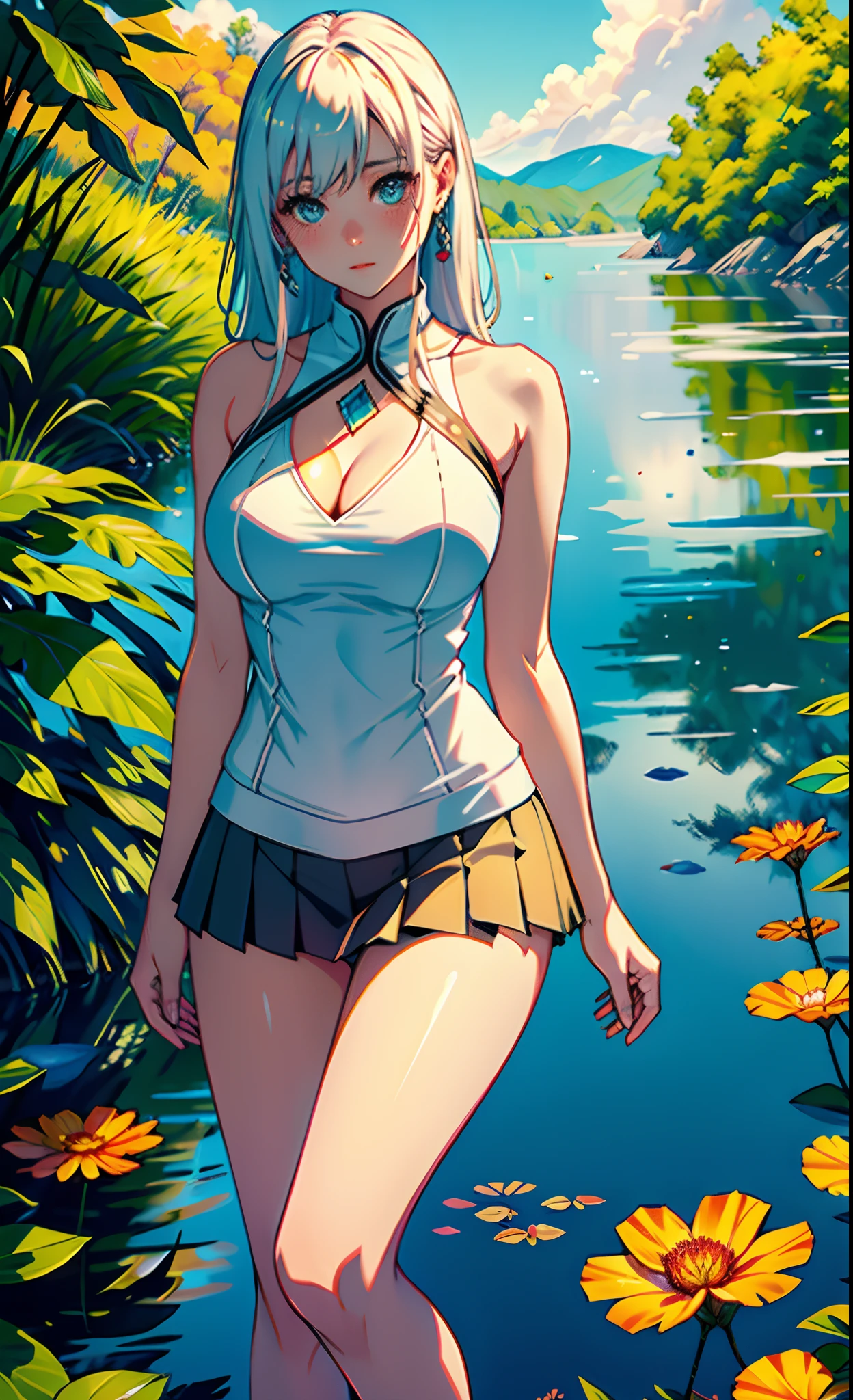 1个Giant Breast Girl,calm expression,mesmerizing eyes,Straight hair,Dopamine wears skirts,A calm posture,Porcelain-like skin,Subtle blush,Crystal Pendant BREAK Prime Time,(edge lit):1.2,a warm color palette,sunflare,soft shade,vivd colour,painterly effect,Fantastic atmosphere BREAK scenic lake,Far Mountain,willowy,Calm water surface,Reflectors,Sunlit clouds,tranquil ambiance,Idyllic sunsets,ultra - detailed,offcial art,统一 8k 壁纸,zentangle,datura