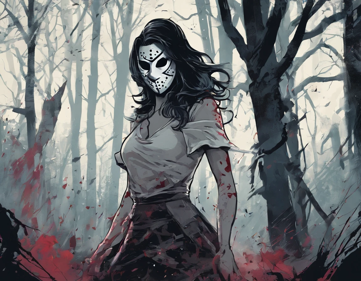 A girl wearing a hockey mask with a machete, piercing blue eyes, bloodied lips, and a sinister smile, surrounded by a dark and eerie forest. She is dressed in a tattered and dirty white dress, with long, tangled black hair covering half of her face. The scene is set during a stormy night, with thunder and lightning illuminating the scene. The girl stands in a haunting pose, holding the machete in one hand and raising it high in the air. The atmosphere is filled with suspense and fear, as if she is about to strike her next victim.
The artwork should be created in a hyper-realistic style, using high-resolution techniques to capture every detail of the girl's face, dress, and the surrounding forest. The colors should be desaturated, with a cold and gloomy tone, enhancing the horror theme. Studio lighting should be used to add depth and highlight the details of the girl's face and the forest. The overall image quality should be of the highest standard, producing a 4K or 8K masterpiece that showcases extreme detail and realism.
In summary, the prompt should include the following tags:
- female Jason Voorhees
- hockey mask
- machete
- piercing blue eyes
- bloodied lips
- sinister smile
- dark and eerie forest
- tattered and dirty white dress
- long tangled black hair
- stormy night
- thunder and lightning
- haunting pose
- suspense
- fear
- hyper-realistic style
- high-resolution techniques
- desaturated colors
- cold and gloomy tone
- studio lighting
- 4K or 8K quality
- extreme detail and realism
Remember to arrange the tags in order of importance and separate them with commas.