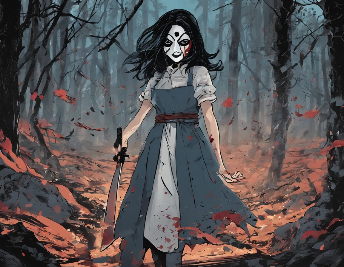 A girl wearing a hockey mask with a machete, piercing blue eyes, bloodied lips, and a sinister smile, surrounded by a dark and eerie forest. She is dressed in a tattered and dirty white dress, with long, tangled black hair covering half of her face. The scene is set during a stormy night, with thunder and lightning illuminating the scene. The girl stands in a haunting pose, holding the machete in one hand and raising it high in the air. The atmosphere is filled with suspense and fear, as if she is about to strike her next victim.
The artwork should be created in a hyper-realistic style, using high-resolution techniques to capture every detail of the girl's face, dress, and the surrounding forest. The colors should be desaturated, with a cold and gloomy tone, enhancing the horror theme. Studio lighting should be used to add depth and highlight the details of the girl's face and the forest. The overall image quality should be of the highest standard, producing a 4K or 8K masterpiece that showcases extreme detail and realism.
In summary, the prompt should include the following tags:
- female Jason Voorhees
- hockey mask
- machete
- piercing blue eyes
- bloodied lips
- sinister smile
- dark and eerie forest
- tattered and dirty white dress
- long tangled black hair
- stormy night
- thunder and lightning
- haunting pose
- suspense
- fear
- hyper-realistic style
- high-resolution techniques
- desaturated colors
- cold and gloomy tone
- studio lighting
- 4K or 8K quality
- extreme detail and realism
Remember to arrange the tags in order of importance and separate them with commas.