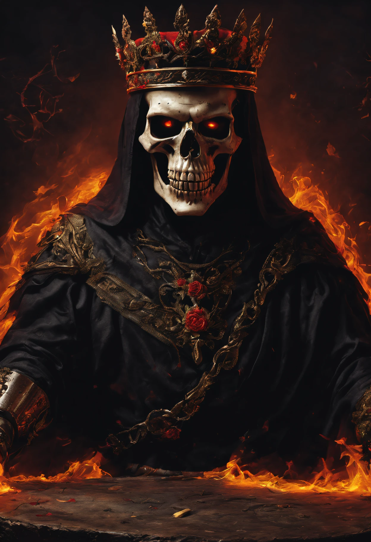 Summon a super scary Halloween masterpiece featuring the Dead King, a malevolent figure with a skull face and glowing red and yellow eyes. Envision the Dead King employing black magic amidst an eerie, ghostly background. Specify a photographic cinematic rendering with super super high details and realism in a 32k Ultra HDR image. Craft a visual masterpiece that captures the spine-chilling essence of the Dead King, ensuring it becomes a super real and super scary image, resonating with the horror of Halloween