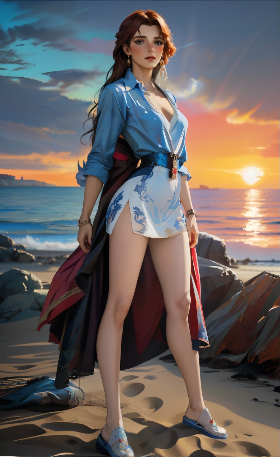 Pintura de una mujer con una camisa azul y una falda roja de pie en una playa, inspired by Théodore Chassériau, Karol behind UHD, por Vincent Lefevre, completamente vestido. Pintura de sexy, inspirado en Pierre Auguste Cot, Michael Whelan y Karol Bak, Beeple y Alphonse Mucha, por Alexander Kucharsky