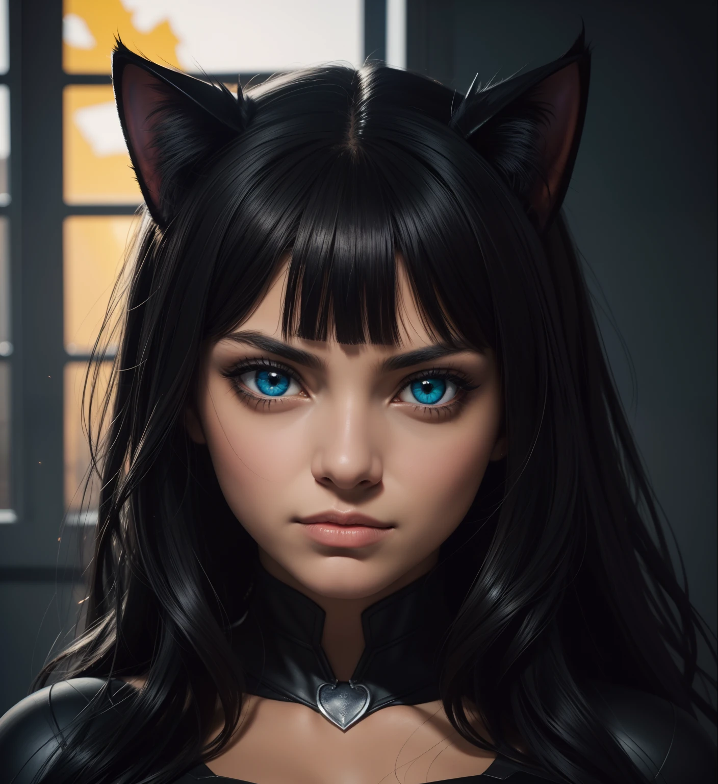 A woman with blue eyes wearing a cat ears and a black top - SeaArt AI