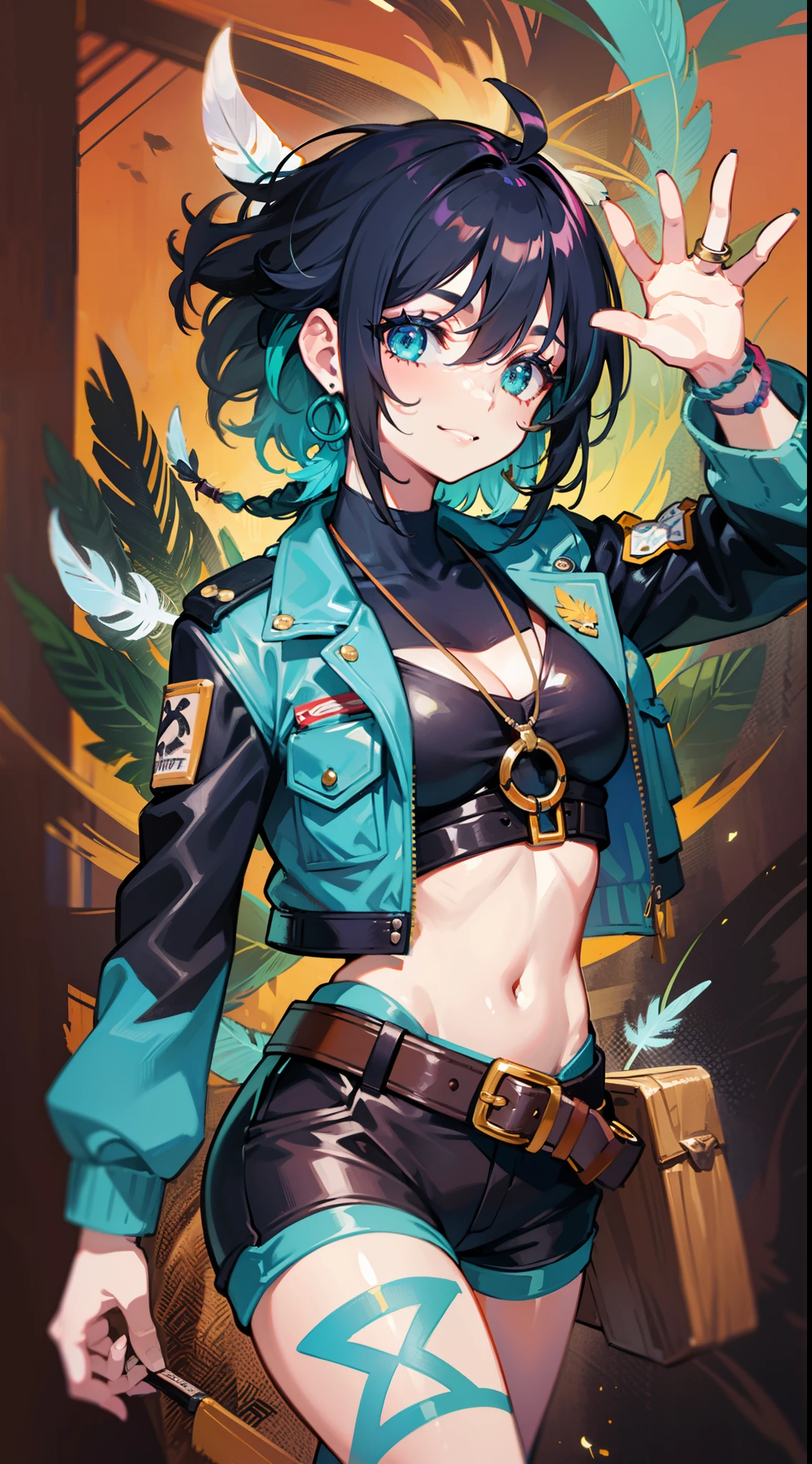 Girl, sexy, neon green, turquoise, tribal tattoos, tribal, nature, leather jacket, feathers, wooden accessories, bold look, playful smile, messy hair, tribal braids, wooden bracelets, feather earrings, tool belt, bravery, adventurous spirit, energy, nature, mischief, wild, free, spiritual connection, concentrated, exploration, free spirit, bravery, outgoing, fun, utensils, determination, vibrant colors, culture tribal, sturdy sandals, toast, blue highlights, rowdy, colorful feathers, compasses, ropes.
