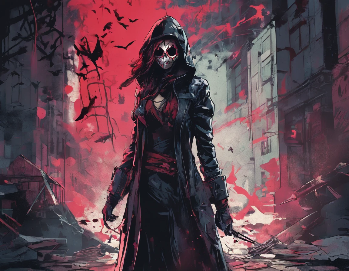 (best quality,4k,8k,highres,masterpiece:1.2),ultra-detailed,(realistic,photorealistic,photo-realistic:1.37),female,dead by daylight,killer,wearing scary mask,sexy,[murderous,ominous] gaze,dark atmosphere,[suspenseful,terrifying] environment,dimly lit,sharp contrast,dark shadows,distorted shapes,[haunting, eerie] background,unseen lurking presence,creepy [facial expression,smile],blood splatters,spooky [lighting, ambiance],intense focus on the killer,vengeful spirit,[menacing,sharp-edged] weapons,emotionless figure,bloody costume,[sinister,mysterious] aura,macabre theme,gruesome details,nightmarish aesthetic,wicked intentions,nighttime setting,life-like realism,horror flick vibes,night owl vibes,deathly surroundings