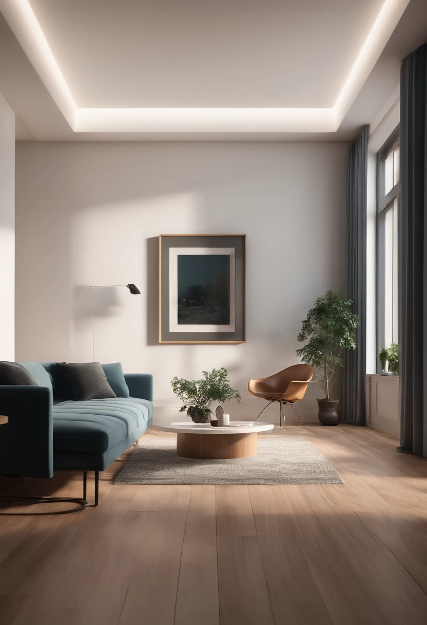 Minimalist mid - century modern interior of living room, empty room, night, white wall and wooden floor, 3D model and octane rendering, V - Ray, scene depth, perpendicular rays, symmetry, ultra realistic, ambient light, cinematography, reflection lens, film grain, HDR10 + , FXAA, SFX, Ray Tracing, 8k resolution, ultra volumetric light and fog, 3d rendering