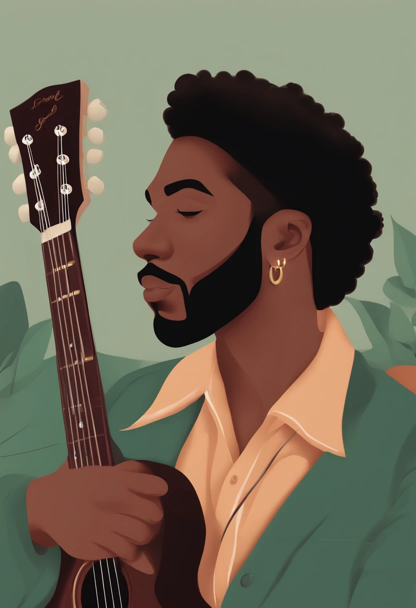 Brown Skinned Man Illustration, com uma barba pequena, Jayison deitado na cama com uma guitarra ao fundo, em torno de 1 9 anos, Mohamed Chahin, 2 3 anos, 2 7 anos, 2 8 anos, caio santos, Alex, Riyahd Cassiem, desenhando no estilo de Arte 3D, estilo disney, 8k