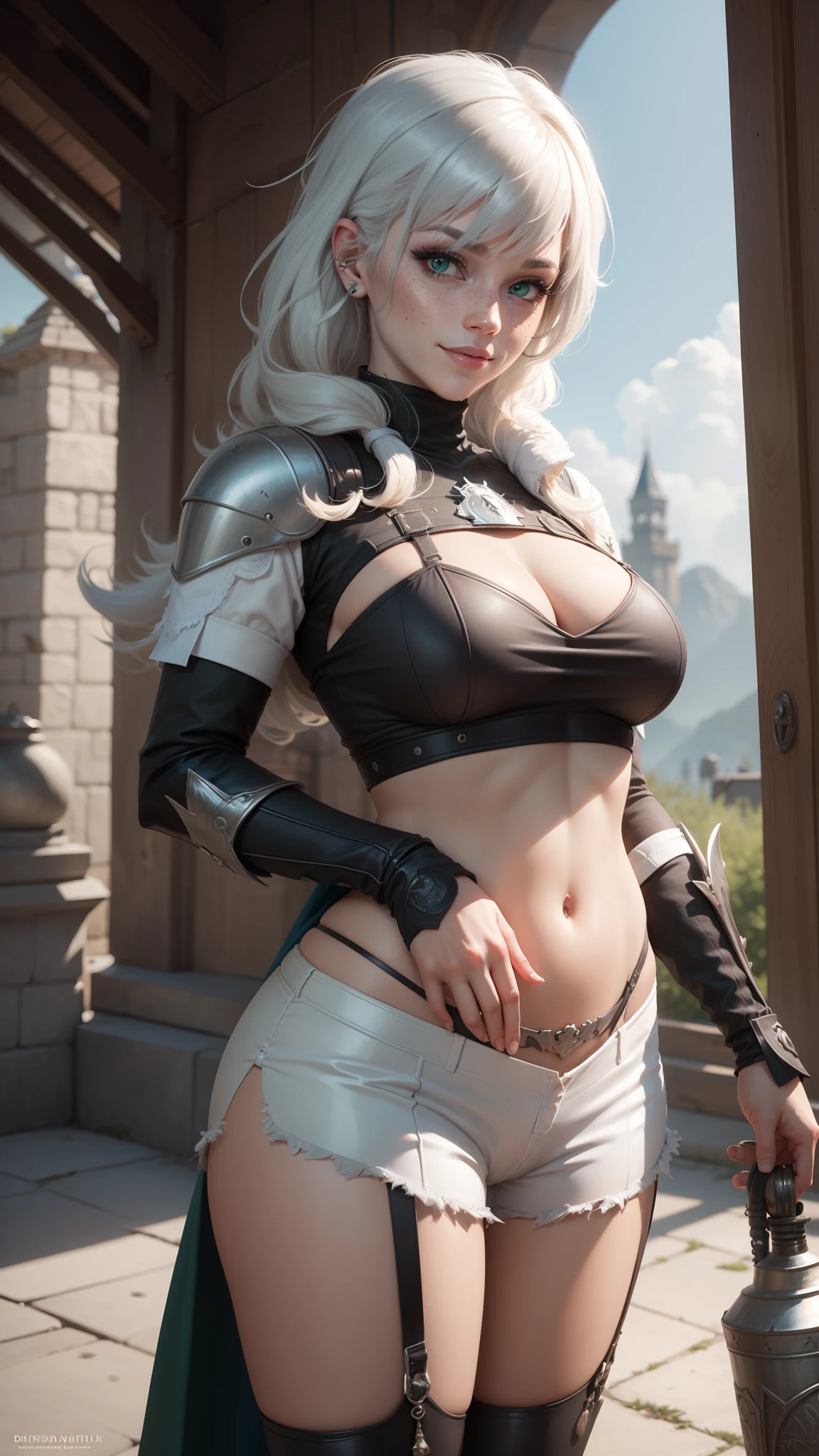 gwen tennyson,y'shtola rhul,yorha 2b, tracer,nier automata,overwatch,close up,mecha pilot,mountain view,tattoos, white and silver plugsuit,white short sleeve lycra top,steel lycra micro shorts,steel garter belt,uncovered belly,short hair,cute makeup,green eyes,dimensional silver hair,shy smile,freckles,beautiful girl,large breasts,8k hd,ultra detailed,realistic, fantasy art,valkyrie armor,steel armor, medieval castle,medieval dress,victorian dress,ear piercings,hair pin,thigh high boots,holding a mace and a shield,