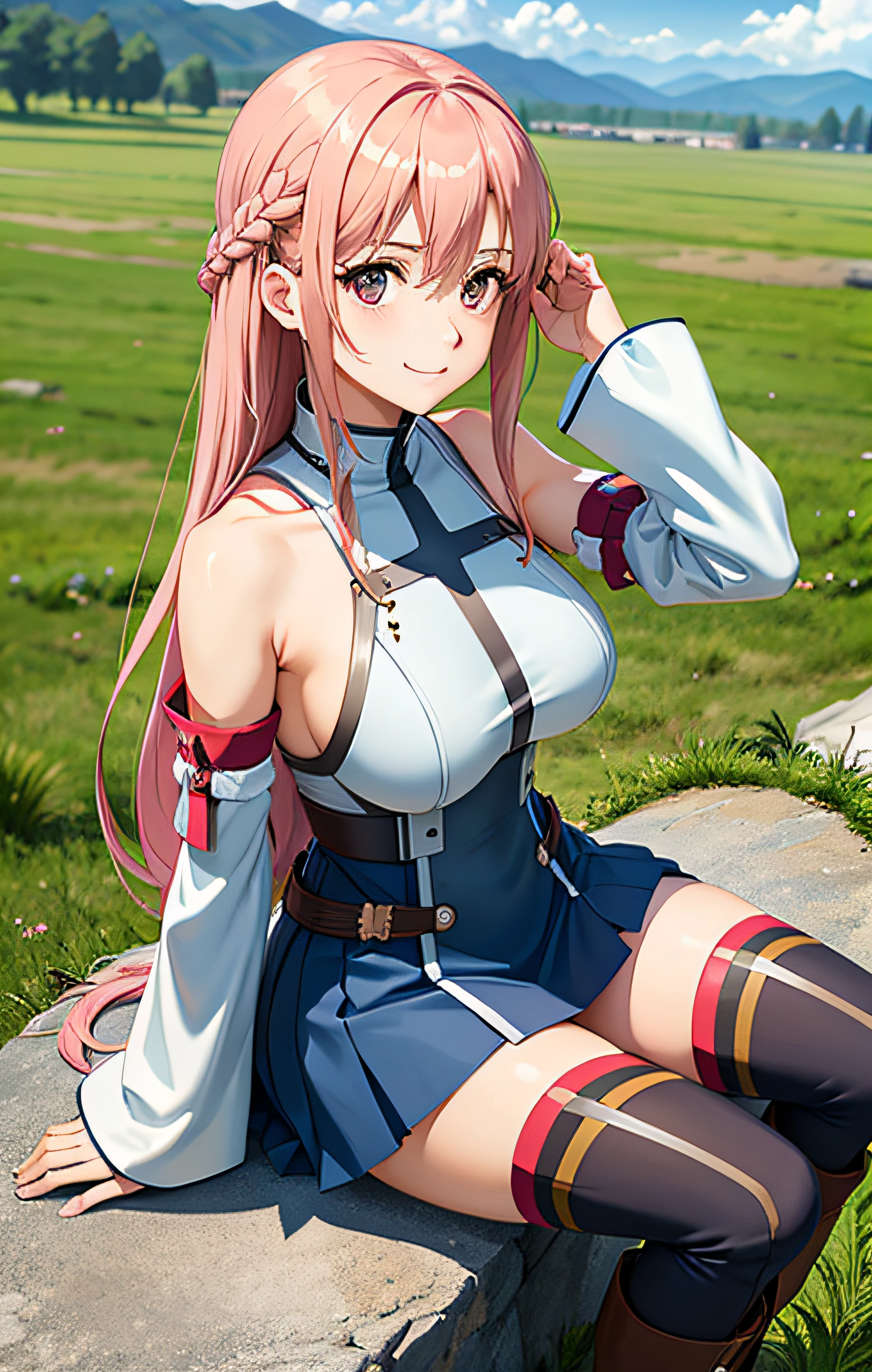 1girl, asuna_\(sao\), bangs, bare_shoulders, blue_sky, blush, boots, braid, breastplate, big_breasts, naked, pink_nipples, brown_eyes, closed_mouth, cloud, cloudy_sky, day, detached_sleeves, grass, hair_between_eyes, long_hair, looking_at_viewer, mountain, outdoors, rock, sitting, skirt, sky, smile, solo, thighhighs, very_long_hair, big boobs