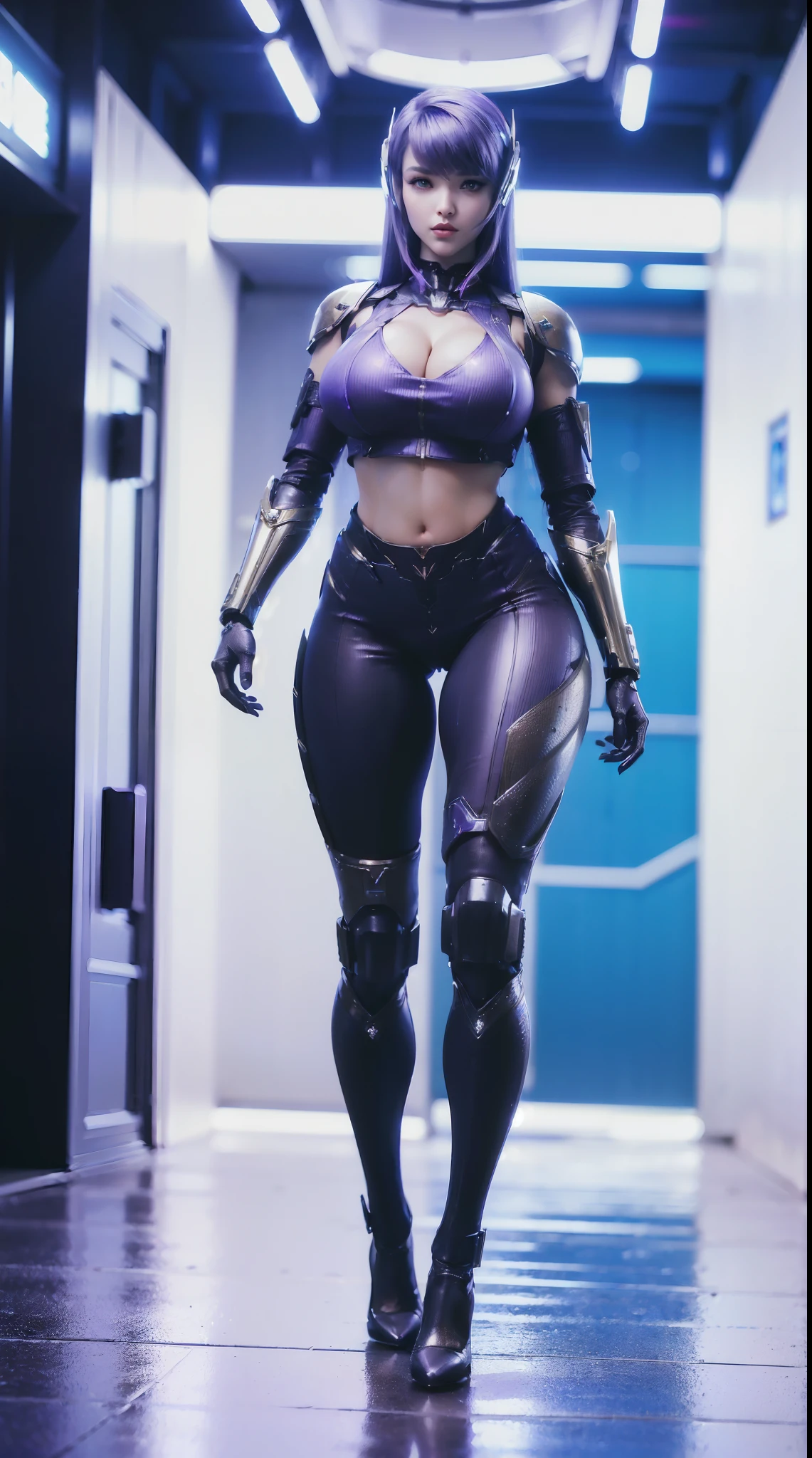 (Devouring the Starry Sky), (1GIRL,SOLO:2), (super detailed face), ((BIG BUTTOCKS, HUGE FAKE BREASTS:1.5), (CLEAVAGE TOP:1.5), (11 LINE ABS FEMALE:1.4), (MECHA GUARD ARMS:1.4), ((WEAR PURPLE WHITE OVERWATCH MECHANICAL ARMOR CROP TOP, BLACK MECHANICAL SKINTIGHT SUIT PANTS, MECHA GUARD ARMOR LEGS, HIGH HEELS:1.5)), (LEWD VOLUPTUOUS BODY:1.3), (GLOWING SKIN:0.8), (LONG LEGS, FULL BODY:1.1), (LOOKING AT VIEWER:1.3), (female focus:0.886), (WALKING DOWN HALLWAY OF FUTURISTIC SPACE STATION:1), (BRIGHT LIGHT WHITE_ROOM:1.3), SUPER TEXTURE, UNREAL ENGINE RENDER, PHYSICALLY-BASED RENDERING, ULTRA HIGHT DEFINITION, 16K, 1080P.
