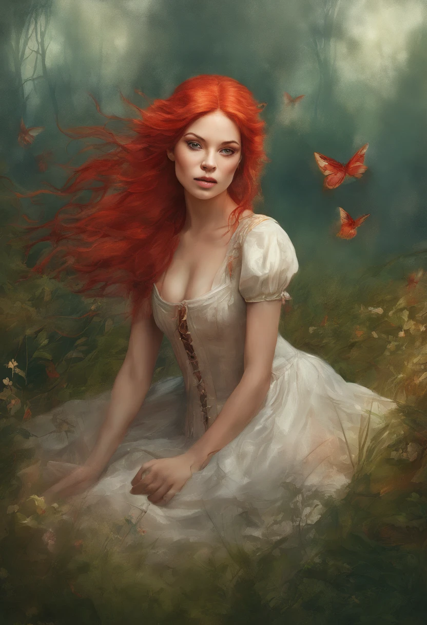 painting of a woman with red hair and a red tail sitting in a field, in style of anne stokes, artgerm julie bell beeple, fantasy genre portrait, fae age girl, faerie, portrait of fairy, realistic fantasy painting, portrait of a fairy, realistic fantasy illustration, pixie character, inspired by Anne Stokes