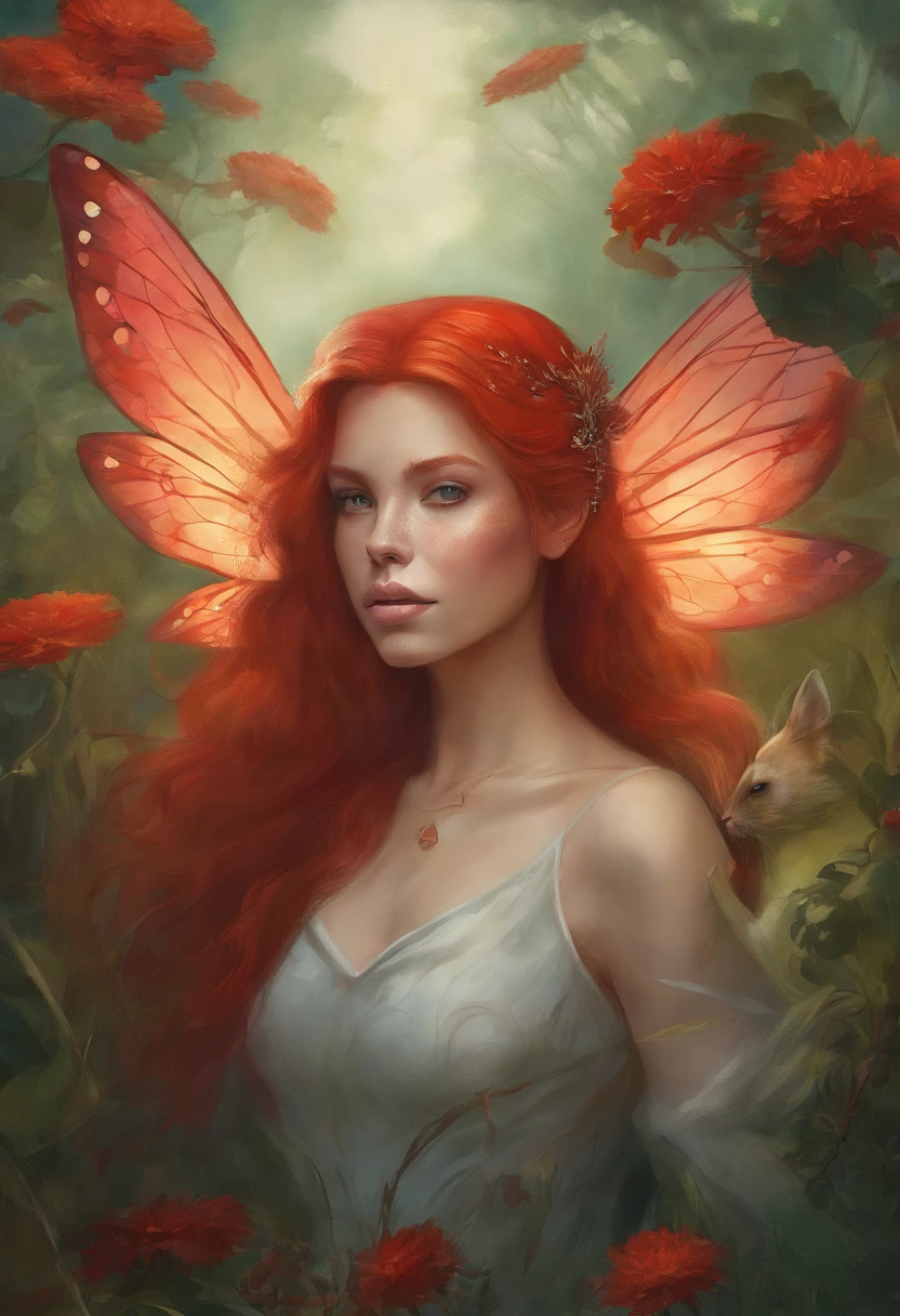 painting of a woman with red hair and a red tail sitting in a field, in style of anne stokes, artgerm julie bell beeple, fantasy genre portrait, fae age girl, faerie, portrait of fairy, realistic fantasy painting, portrait of a fairy, realistic fantasy illustration, pixie character, inspired by Anne Stokes