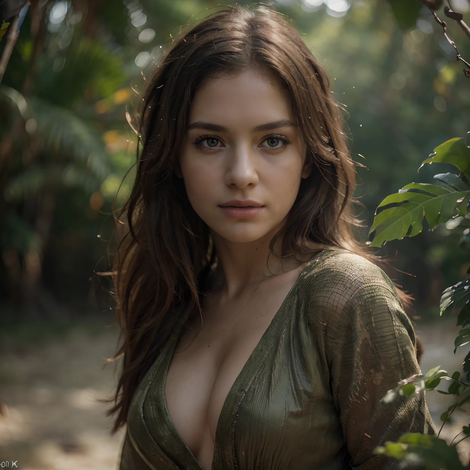 (best quality,4k,8k,highres,masterpiece:1.2),ultra-detailed,(realistic,photorealistic,photo-realistic:1.37), HDR, UHD, studio lighting, extreme detail description, professional, vivid colors, bokeh, portraits, landscape

A girl on a deserted island with improvised clothes made of leaves, with a striking gaze.