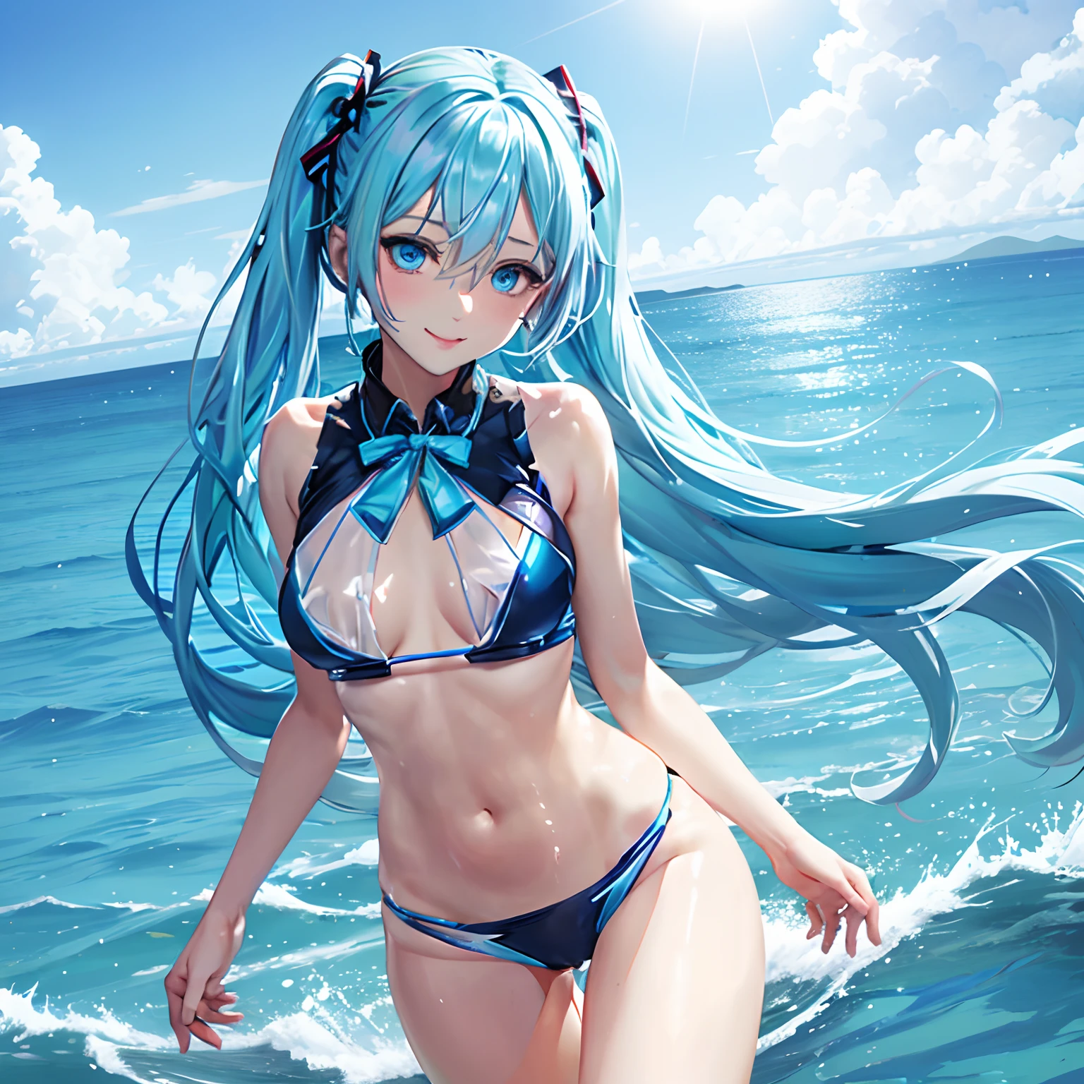 1 rapariga、(Solo), anime style, super fine illustrations、beautiful seductive anime girl、Super detailed、Smile、beautiful blueish eyes、Beautiful proportions、HATSUNEMIKU、Slender、gentle expressions、seductive anime girls、Lackluster skin、Transparent sexy bikini swimsuit、Strong sunlight、Seaside,Vest line, , , , sex