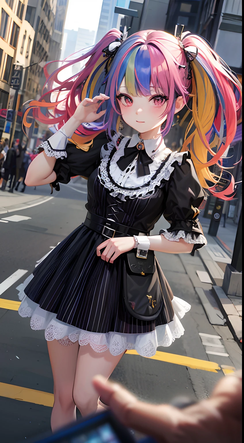 Anime girl with colored hair and a black dress on a city street, anime girl wearing a black dress, cute anime waifu in pretty dress, gothic maiden anime girl, Schoolgirl in Gothic dress, anime girl in maid outfit, loli in dress, Portrait of a magical Lolita girl, 1 7 - year - old anime goth girl, anime girl cosplay