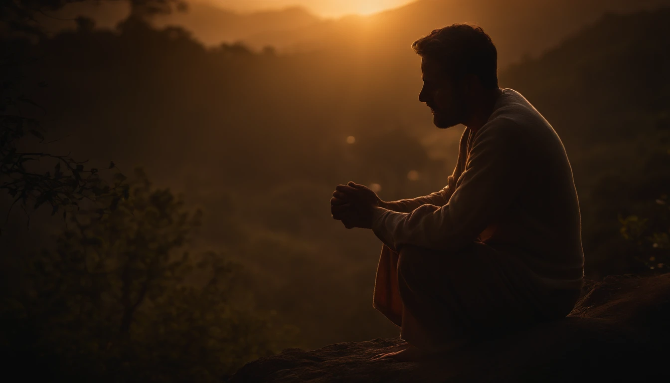 Imagine a high resolution, imagem fotorrealista que captura primorosamente uma pessoa genuinamente orando. The person is kneeling with both hands carefully joined together, in a gesture of deep devotion. The backlight is absolutely realistic, emanando de uma fonte celeste e enchendo a cena com um suave, brilho natural. Every detail of the picture is offered, from the subject's hands to the subtle nuances of shadow and light on their face. Image quality is exceptional, com texturas, Cores and details that seem to pop out of the screen. This image is a stunning representation of faith and spirituality, capable of touching the heart of those who contemplate it.