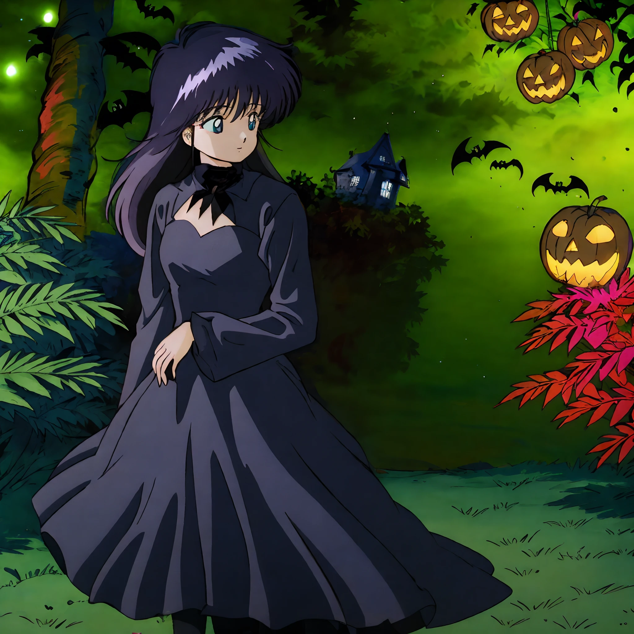 (Madoka Ayukawa), 1fille, Anime, cheveux longs, Yeux verts, seulement, dehors, cheveux noirs, Female anatomy, RETRO STYLE ART, debout, dressed in a black dress, frange, 1980s (style), ((Nuit troublante)), ((Halloween)), Halloween decorations, Monstres, ((Ghosts)), chauve-souris, magie noire, Griffes, ((Illuminated Night)), lune