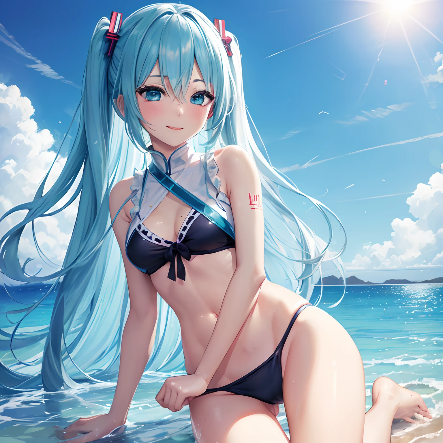 1 rapariga、(Solo), anime style, super fine illustrations、beautiful seductive anime girl、Super detailed、Smile、beautiful blueish eyes、Beautiful proportions、HATSUNEMIKU、Slender、gentle expressions、seductive anime girls、Lackluster skin、Transparent sexy bikini swimsuit、Strong sunlight、Seaside,Vest line, , , , sex