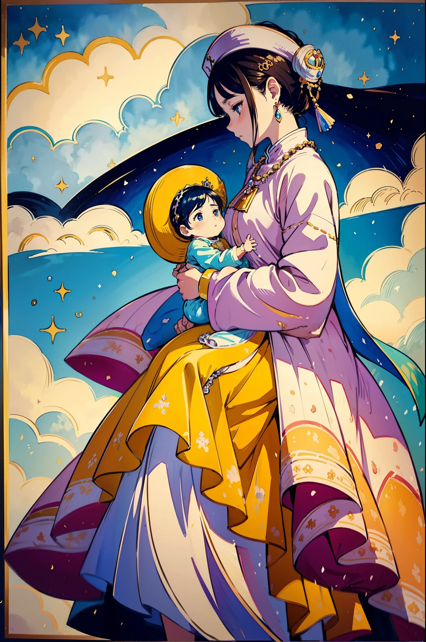Water colour painting style, The beautiful 16-year-old queen holds a (baby prince:1.5) wearing shavings in her arms, Walking, Straight eyes, radiating a brilliant aura, Rosary handle, Crown Team, (Systemic: 2.0), Stand in the cloud, our lady, (full body: 2.0)