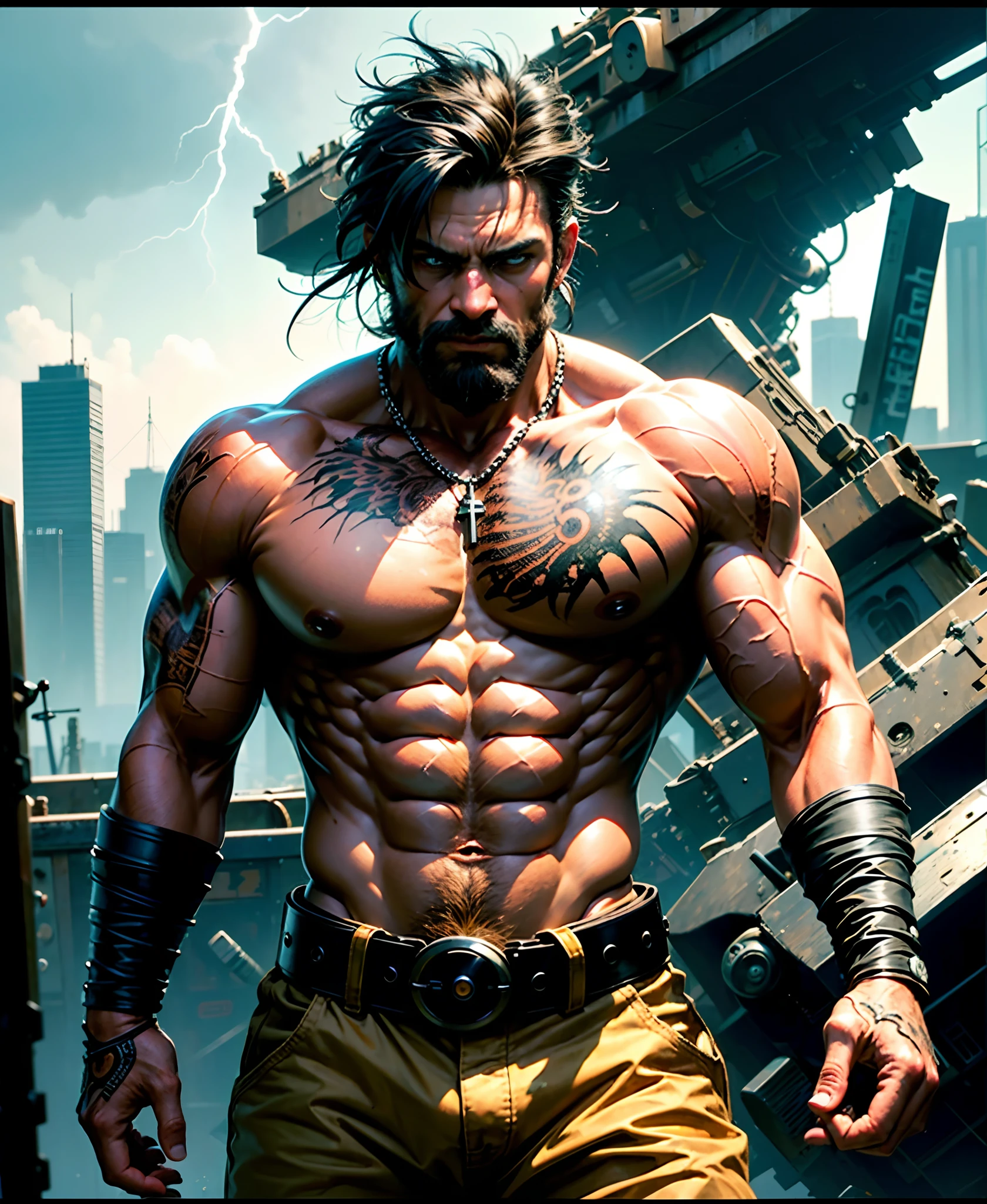 (8k, RAW photo, highest quality),(epic realistic:1.5), tough looking guy, chiselled jaw, giga chad, photorealistic, (evil look)intricate details,cinematic, dark studio,(hdr:1.5),detailed, looking at viewer, perfect CG unity 8K UHD wallpaper, (photo realistic) super saiyan, in super saiyan mode, body surrounded by extremely powerful energy aura, body surrounded by raging and crackling lightning(1adult man), dark skin, incredibly muscular built, extremely incredibly long bright illluminated vibrant glowing neon hair blowing in the wind, vibrant glowing illuminated neon eyes, fragments and debris blowing in the wind around him, extremely detailed and incredibly defined muscles full of veins, tons of tattoos and piercings, shirtless with tan baggy khaki pants and blue sash, beaded necklace and beaded wristbands, serious and determined facial expression, perfect muscle definition, large shoulders, rounded biceps, abs, unreal engine 5.8k., on a distant planet, highly detailed background, perfect masterpiece, best quality, best resolution