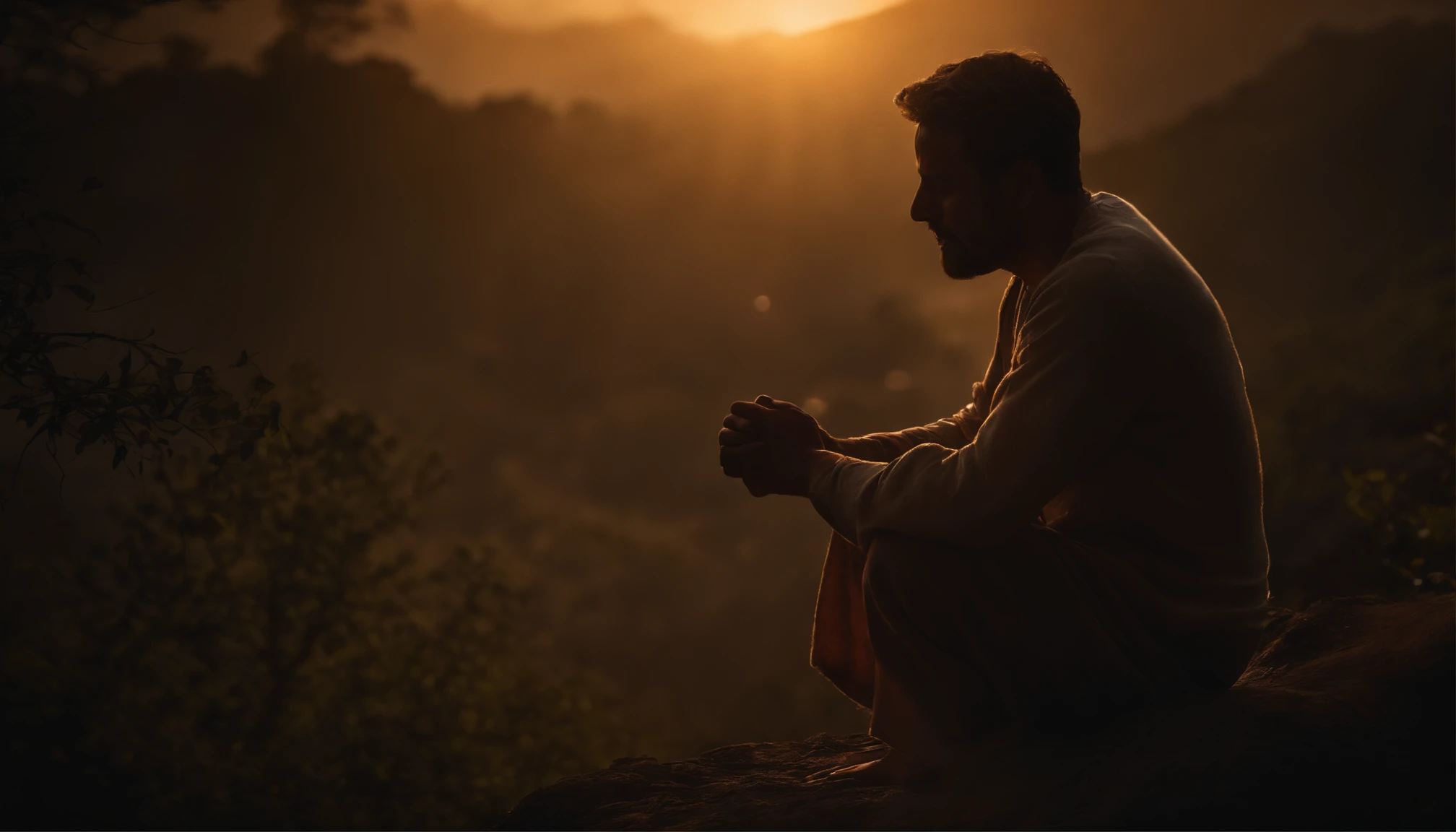 Imagine a high resolution, imagem fotorrealista que captura primorosamente uma pessoa genuinamente orando. The person is kneeling with both hands carefully joined together, in a gesture of deep devotion. The backlight is absolutely realistic, emanando de uma fonte celeste e enchendo a cena com um suave, brilho natural. Every detail of the picture is offered, from the subject's hands to the subtle nuances of shadow and light on their face. Image quality is exceptional, com texturas, Cores and details that seem to pop out of the screen. This image is a stunning representation of faith and spirituality, capable of touching the heart of those who contemplate it.