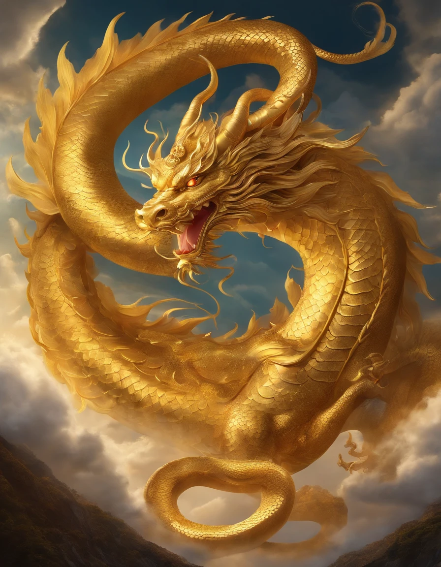 gold dragon god, gentle gaze, fantastic background, moonlight background, sea of clouds background, golden splashes, mysterious, divine light, mythical creature, traditional Chinese dragon, myth, speckled light, hazy haze, mysterious aura, masterpiece, fantastic, elegant dragon, good fortune, fantasy art