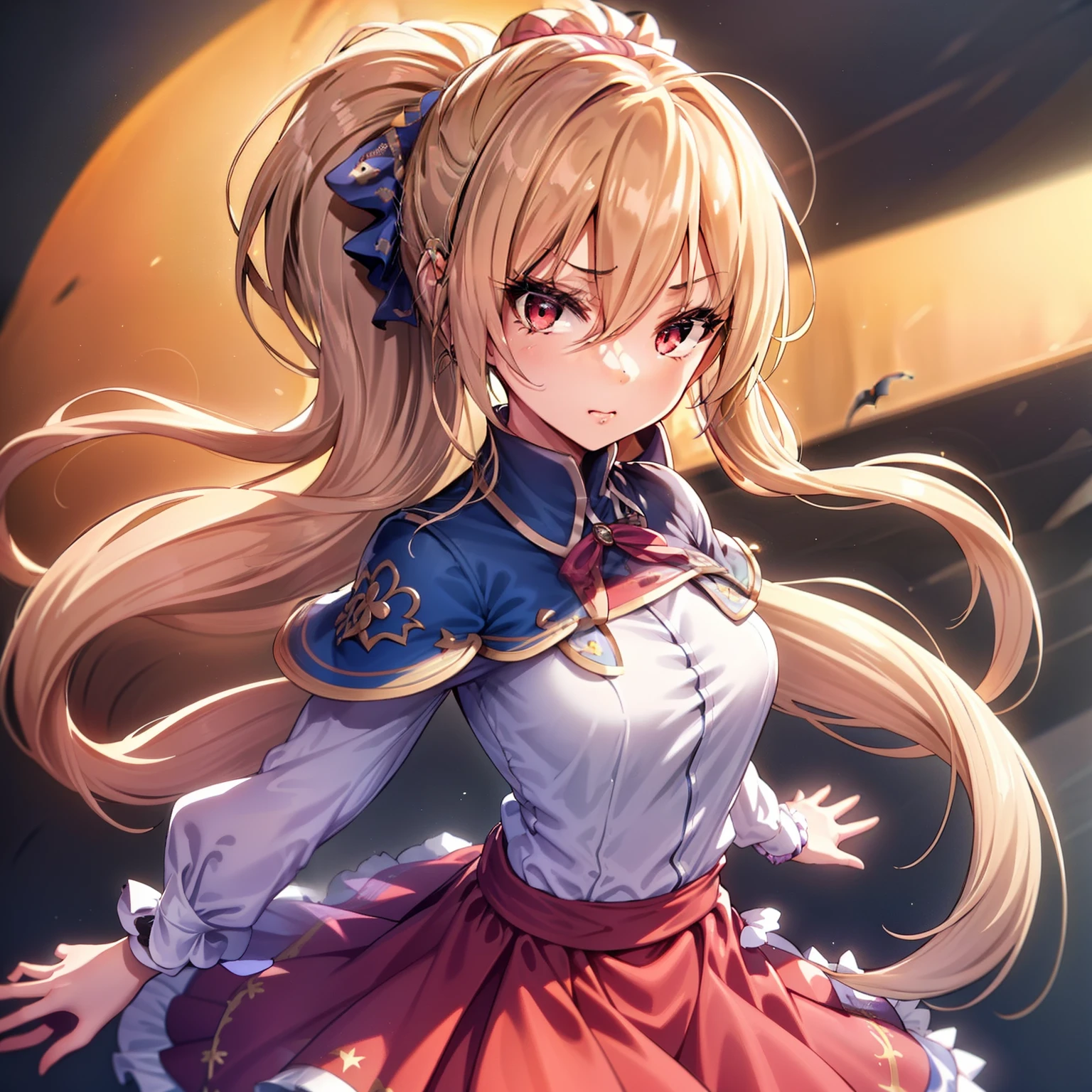 (masutepiece, Best Quality:1.2), Extremely detailed, detailed hairs, Soft skin,

1girl in, Solo, Upper body,Halloween, squash

Blonde hair, Long hair, High Ponytail, Long ponytail,

Red Eyes, long eyelashes, thick eyelashes, Looking at Viewer,

Red dress, backless dress, ornate dress, Puffy skirt, Long skirt, Puffy sleeves, juliet sleeves, Long sleeves,

,

Black background,