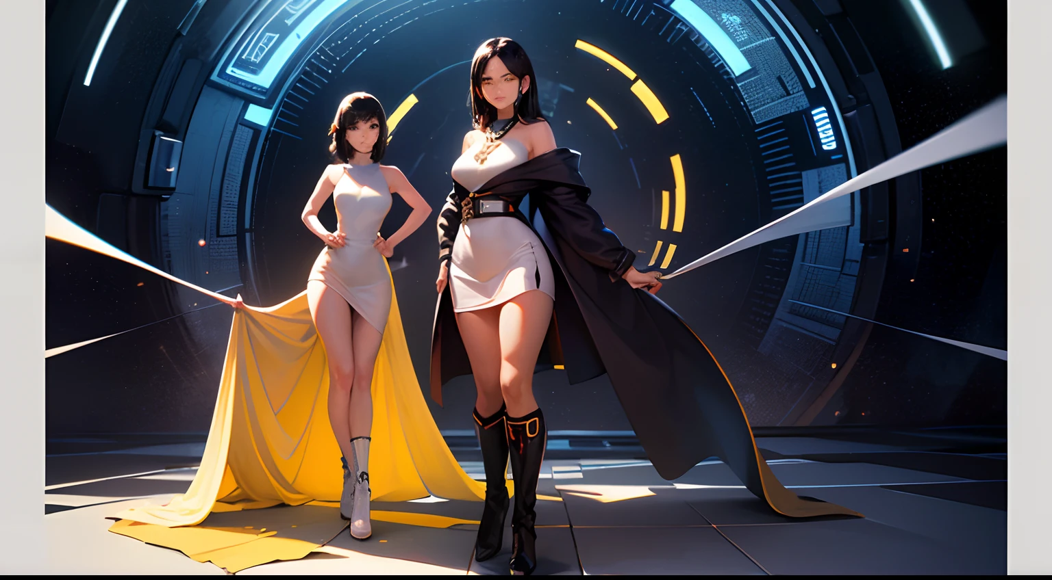 (best quality,4k,highres,masterpiece:1.2),ultra-detailed,realistic,photo-realistic:1.37,android,posing,solo,white dress,gold chain,black boots,dark-skinned male,dark skin,jewelry,hand on hip,one eye closed,yellow eyes,sleek black hair,stylized background metal structure,sci-fi,futuristic lighting,vivid colors,cool ambience,long legs,confident expression,sharp focus,modern fashion style,creative composition
