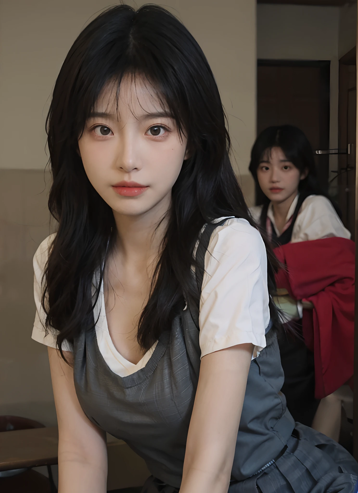 best qualtiy, 超高分辨率, (realisticlying:1.4), one-girl, A pair of clear and moving peach blossom eyes,Royal Sister,Black long straight,yellow school uniforms, (big cleavage breasts:1.3), looking at viewert, closeup cleavage ,