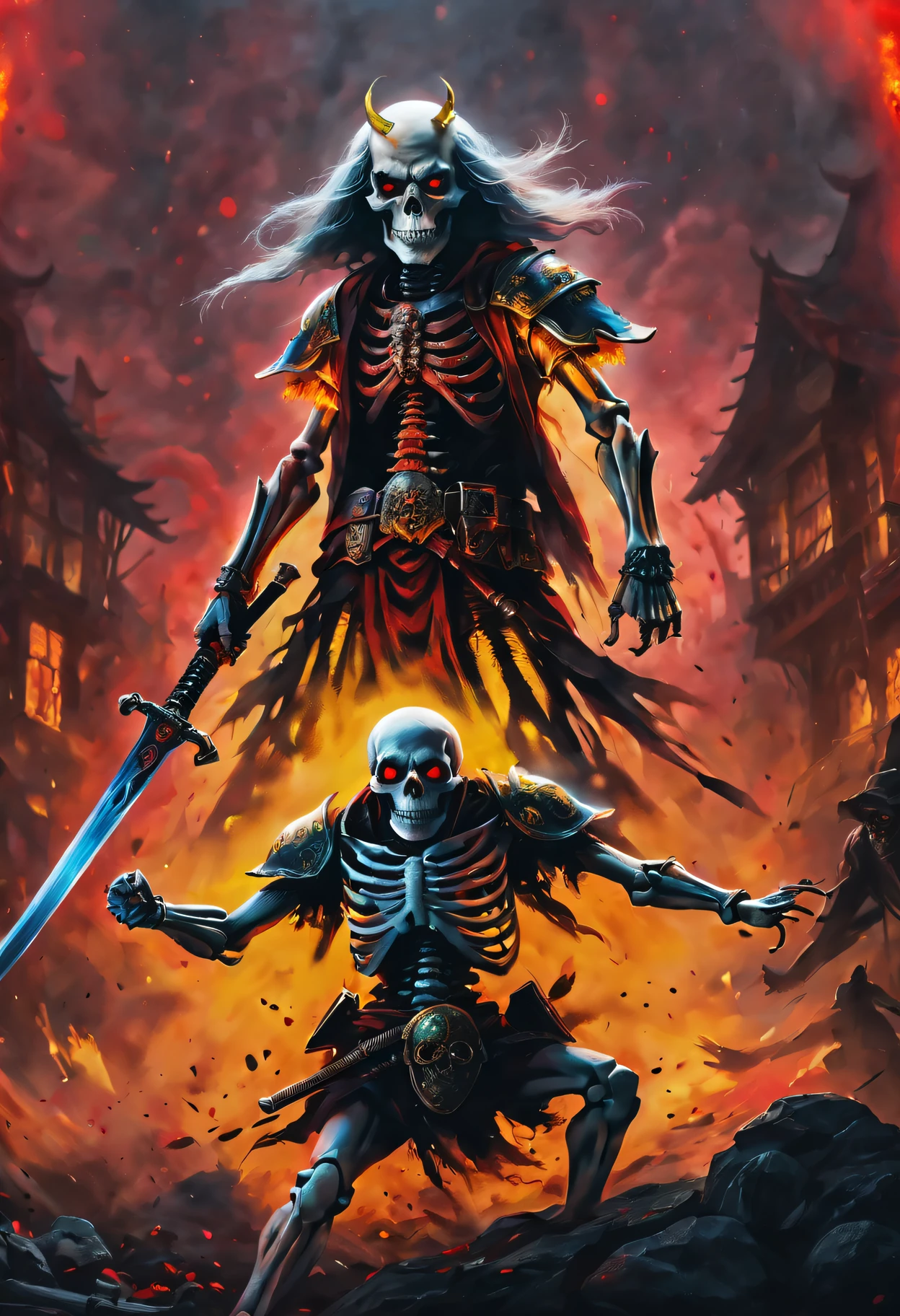 (best quality,32K,ultra high definition,photorealistic:1.2),sinister swordsman,skull face,luminous red and yellow eyes,ghostly background,highly detailed and realistic,visually striking horror masterpiece,evoking terror.