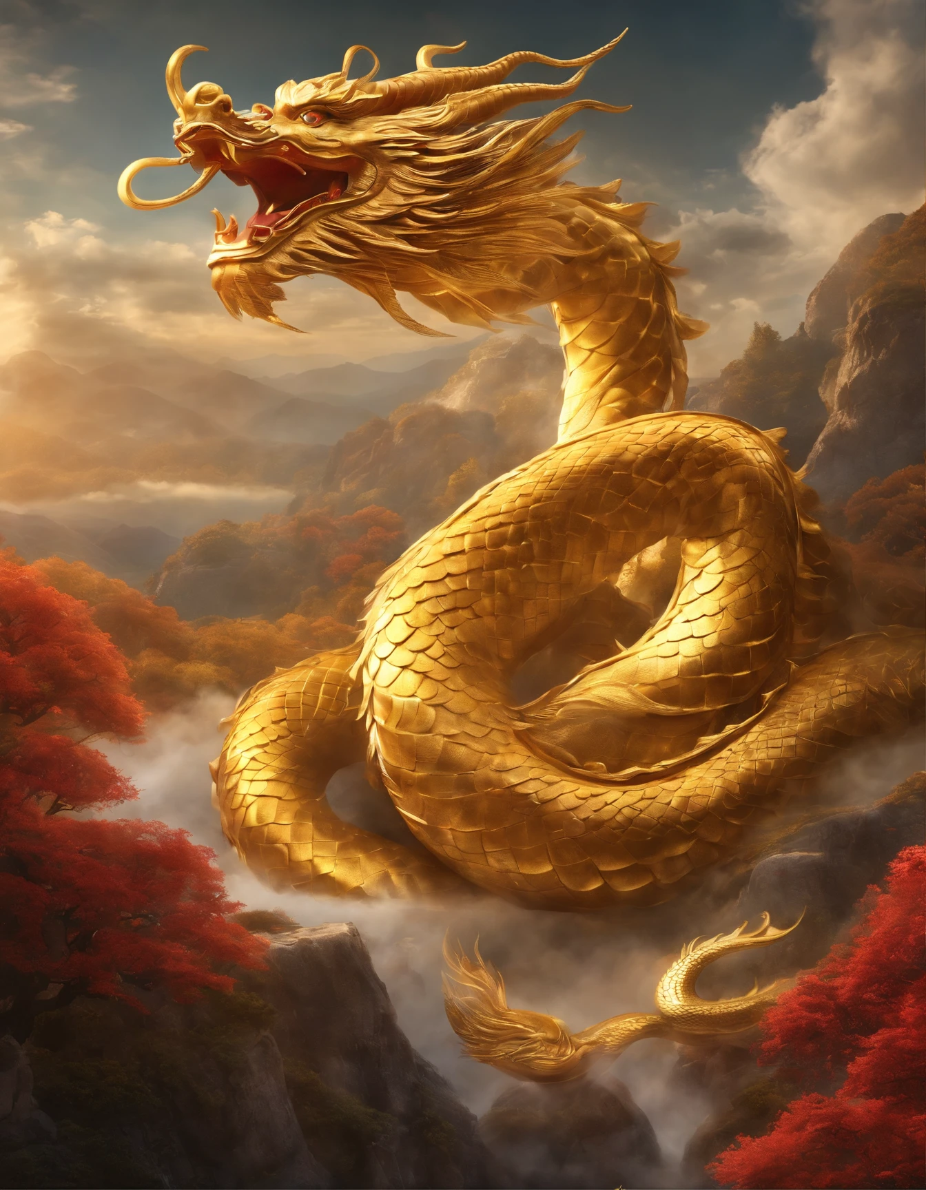 「Making an illustration of the golden dragon god。Long as a snake、Heading-up、Shōryū、sunny sky、spiritual、Spirit、chakra、The Spiritual World、Fantastical」