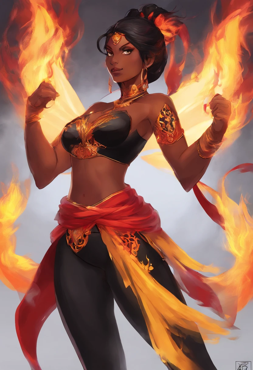 Nawra, tall dark-skinned Arab girl with black hair ponytail, yellow eyes, and a red crop top and black trousers, tall, athletic, strong, fit, muscular, fire!! full body, appears as the fire goddess, fire goddess, nico robin, hot fire goddess, she has fire powers, black - haired mage, ahri, her hair is on fire, style artgerm, full body portrait of a short!, the butterfly goddess of fire, genie girl, djinni girl, superpowered girl, fire elemental, martial artist