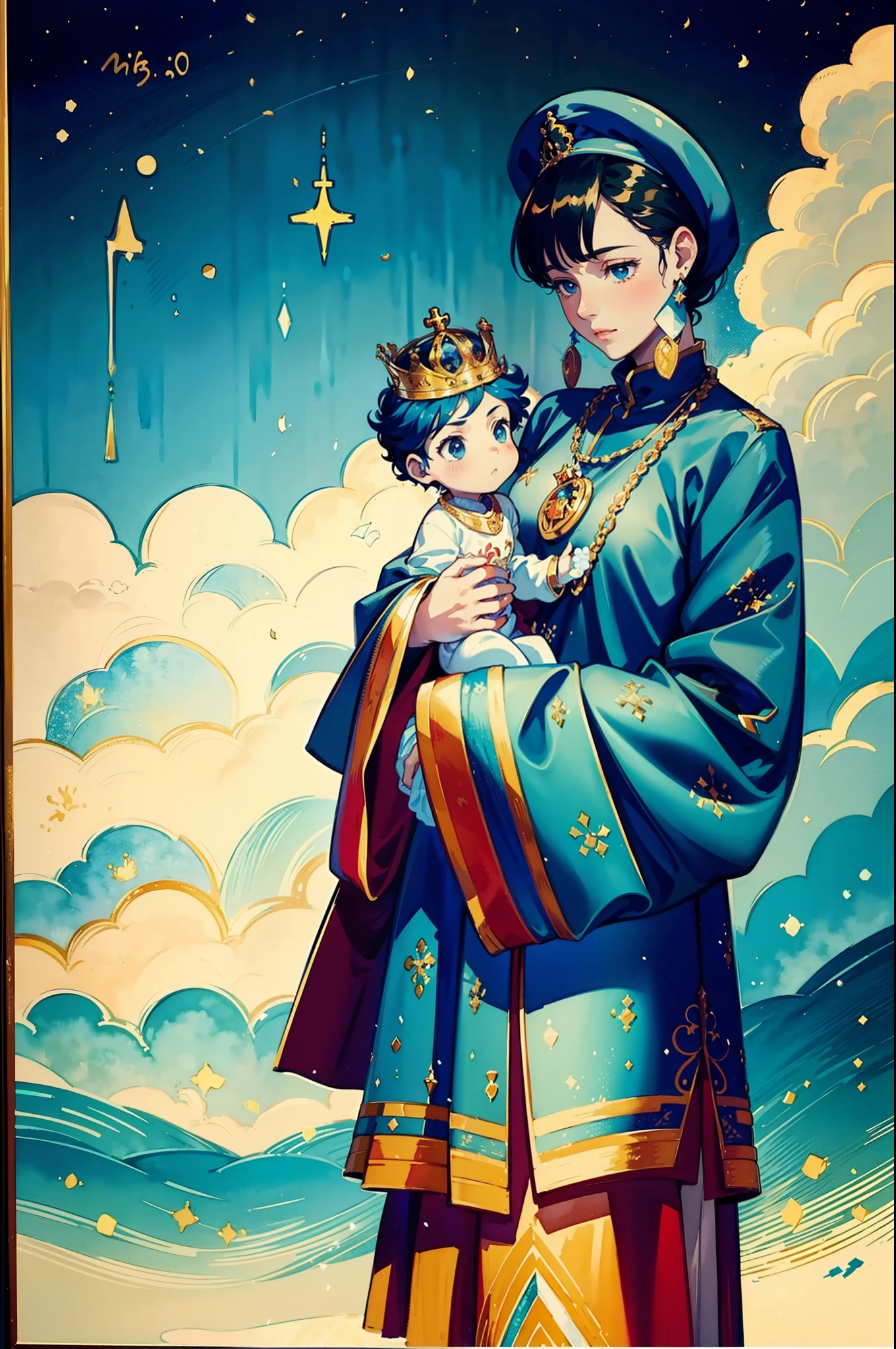 Water colour painting style, The beautiful 16-year-old queen holds a (baby prince:1.5) wearing shavings in her arms, Walking, Straight eyes, radiating a brilliant aura, Rosary handle, Crown Team, (Systemic: 2.0), Stand in the cloud, our lady, (full body: 2.0)