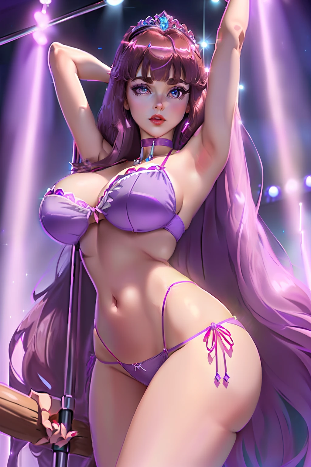 ((Princess clara from drawn together animated series)) ((beautiful face)) (red lipstick) ((big bright eyes)) ((long brown straight hairstyle with bangs)) ((very huge breasts)) (perfect slim body) ((wears light purple tiny string thong)) ((choker, tiara)) ((pole dance stage at strippers club)) (high definition, dynamic lights and shadows) ((masterpiece)) (8k) (perfect face) (best quality) (perfect hands and eyes)((pole, pole bar, pole dance))