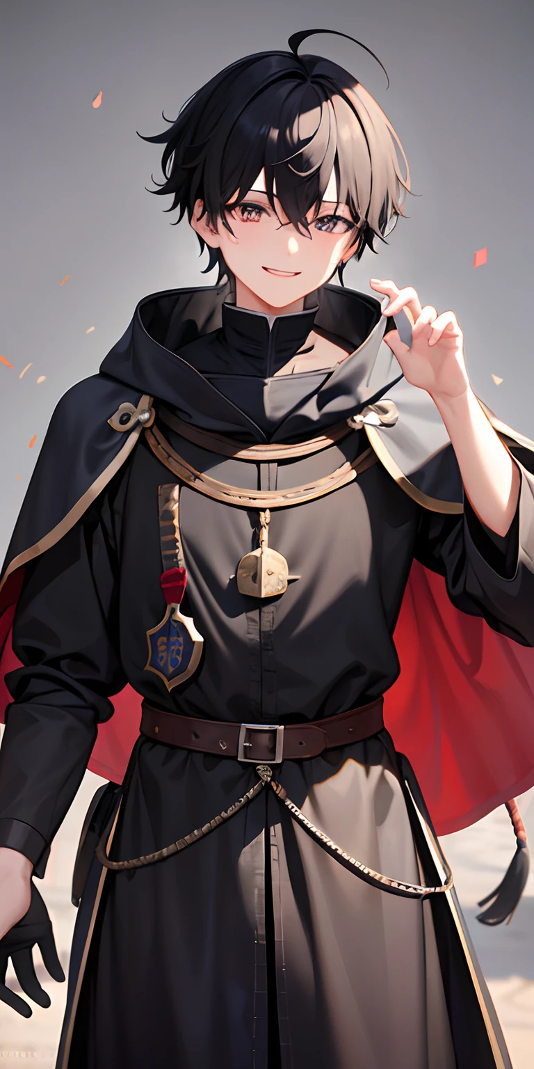 1 boy、A dark-haired、Splattered hair、18year old、A smile、Smiled、((Costumes of medieval Europe)),Knights,grey Clothes、Black eyes、cowboy shot,Young features、fool、Ahoge、roundly eyes