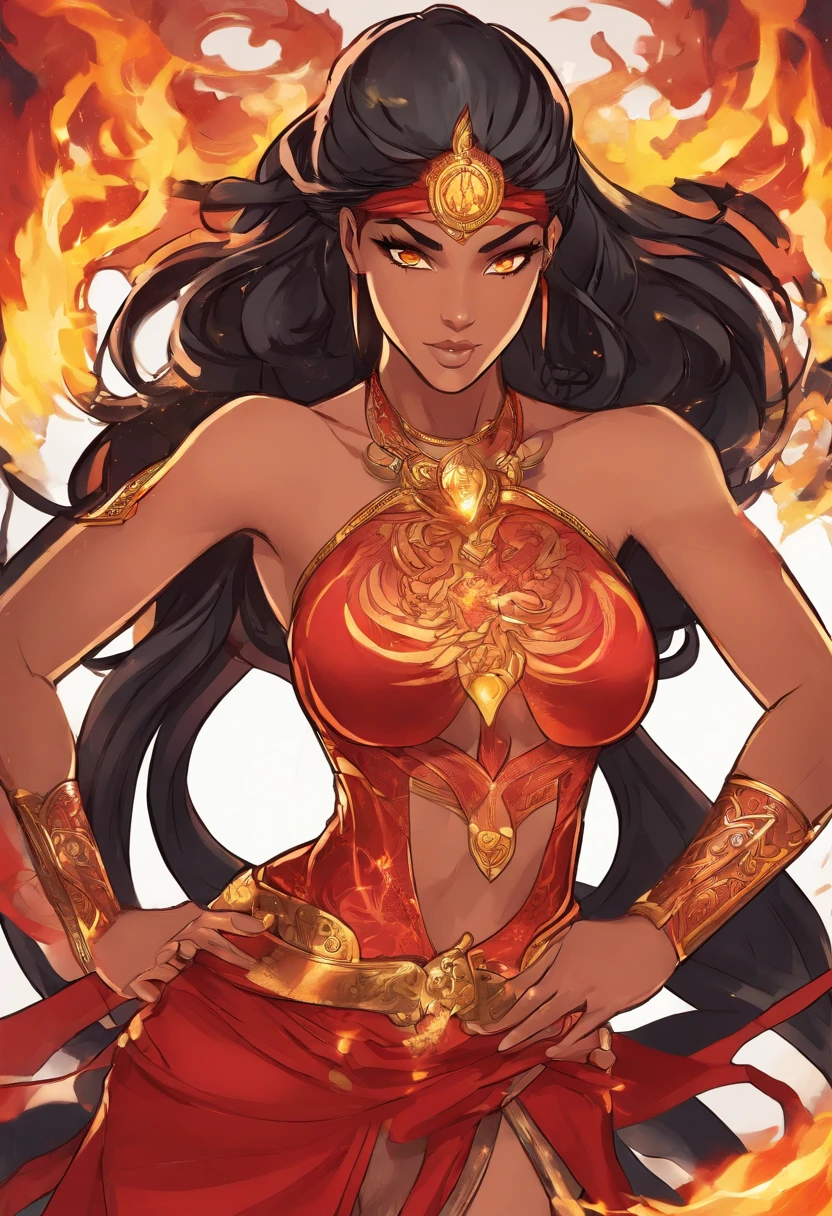 Nawra, tall dark-skinned Arab girl with black hair ponytail, yellow eyes, and a red crop top and black trousers, tall, athletic, strong, fit, muscular, fire!! full body, appears as the fire goddess, fire goddess, nico robin, hot fire goddess, she has fire powers, black - haired mage, ahri, her hair is on fire, style artgerm, full body portrait of a short!, the butterfly goddess of fire, genie girl, djinni girl, superpowered girl, fire elemental, martial artist