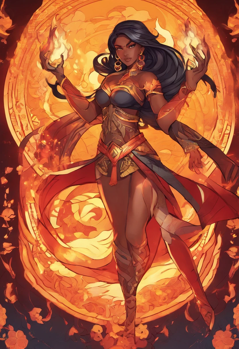 Nawra, tall dark-skinned Arab girl with black hair ponytail, yellow eyes, and a red crop top and black trousers, tall, athletic, strong, fit, muscular, fire!! full body, appears as the fire goddess, fire goddess, nico robin, hot fire goddess, she has fire powers, black - haired mage, ahri, her hair is on fire, style artgerm, full body portrait of a short!, the butterfly goddess of fire, genie girl, djinni girl, superpowered girl, fire elemental, martial artist