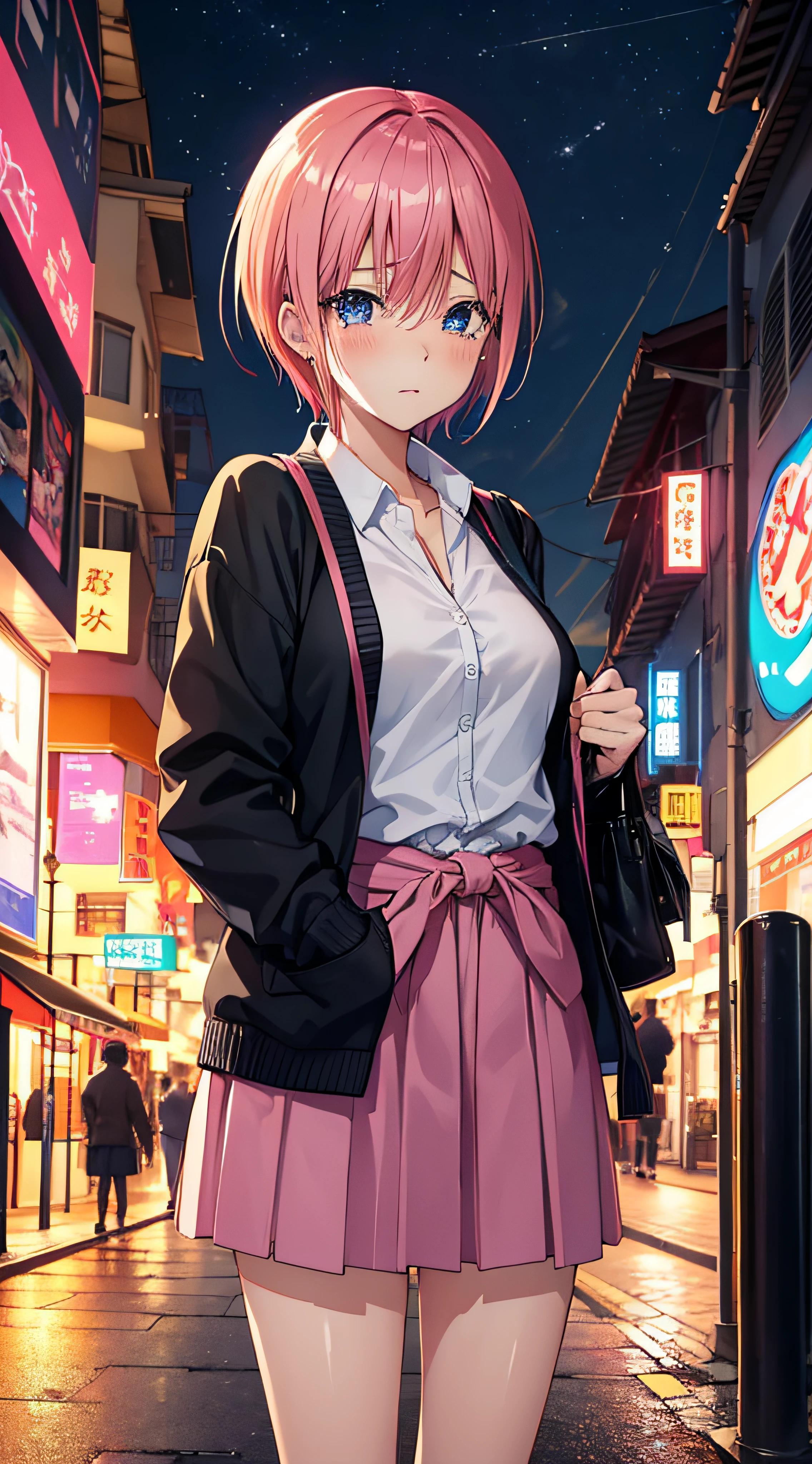nakano ichika, pink hair, short hair, cardigan around waist, na rua a noite, chuva, Eyes with tears sad expression, uniforme escolar, HDR, realismo, street lighting