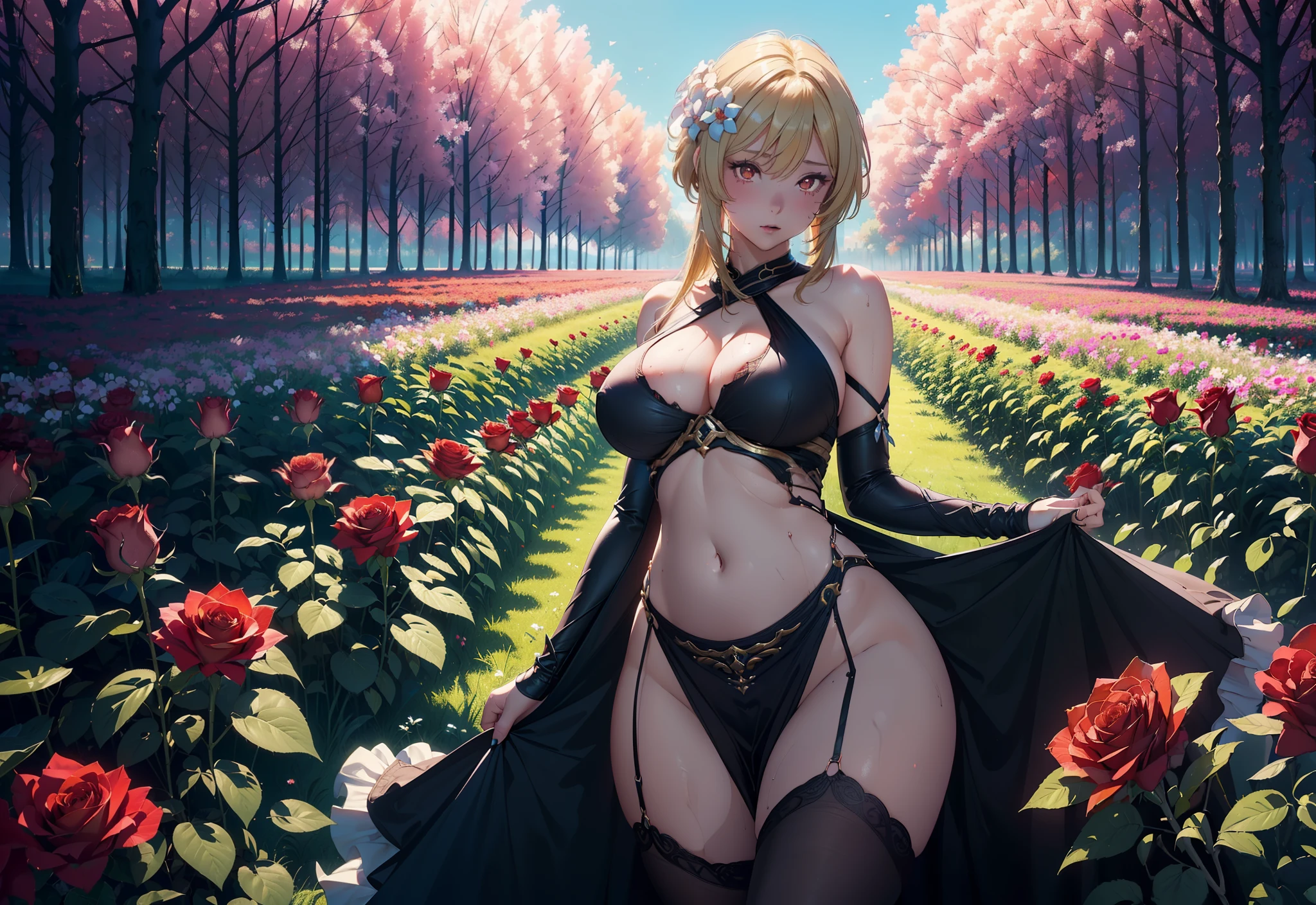 1girl,(sexy dress:1.5), full body, (depth of field), masterpiece,8k, dynamic poses, ultra detail, (pretty face:1.4), (stocking:1.5), (navel:1.5), (large breasts:1.8), (perfect body:1.2), (red light), (fantasy vibes:1.5), (glowing eyes), (roses field), (a view from below that shows sky above and open field below), a girl standing on flower field looking up, blonde, aesthetic