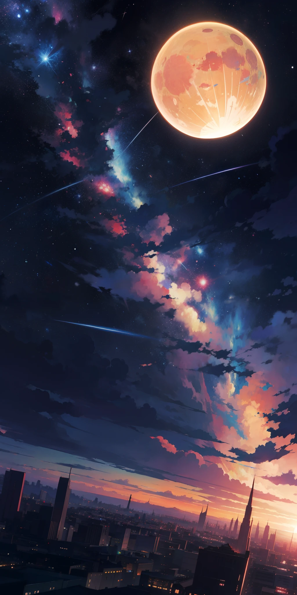 anime - style scene of a beautiful sky with a star and a planet, cosmic skies, Cityscape. by makoto shinkai, anime art wallpaper 4k, anime art wallpaper 4 k, anime art wallpaper 8 k, anime wallpaper 4k, anime wallpaper 4 k, 4k anime wallpaper, anime sky, amazing wallpaper, anime background, heaven planet in background, anime background art