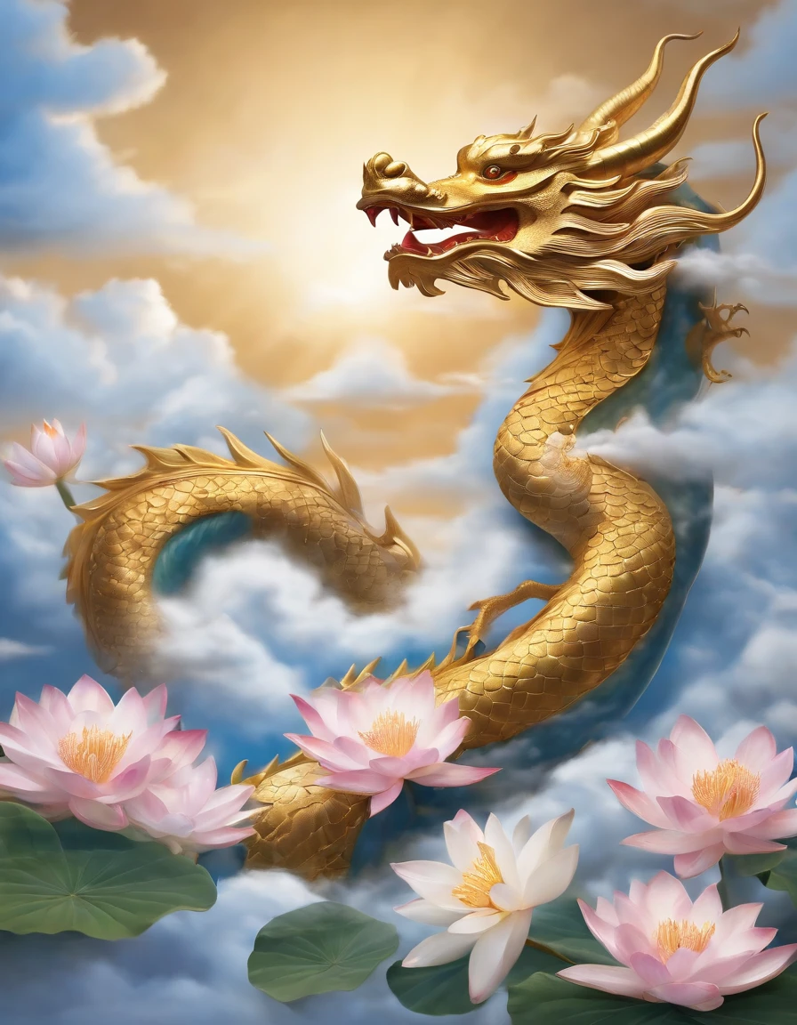 Gold Dragon、Glide through the sky、Blue sky and white clouds、Lotus flowers are blooming
