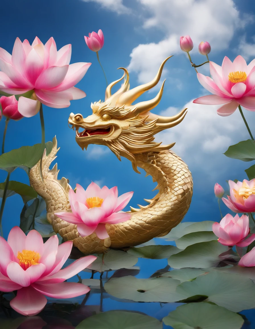 Gold Dragon、Glide through the sky、Blue sky and white clouds、Lotus flowers are blooming