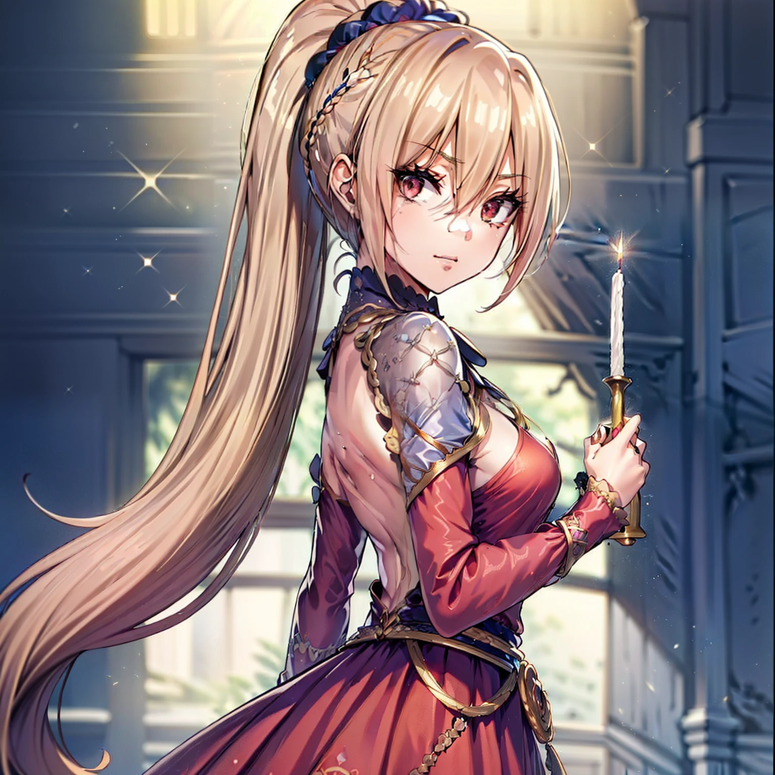 (masutepiece, Best Quality:1.2), Extremely detailed, detailed hairs, Soft skin,

1girl in, Solo, Upper body,Halloween, squash, disguise

Blonde hair, Long hair, High Ponytail, Long ponytail,

Red Eyes, long eyelashes, thick eyelashes, Looking at Viewer,

Red dress, backless dress, ornate dress, Puffy skirt, Long skirt, Puffy sleeves, juliet sleeves, Long sleeves,

,

Black background,