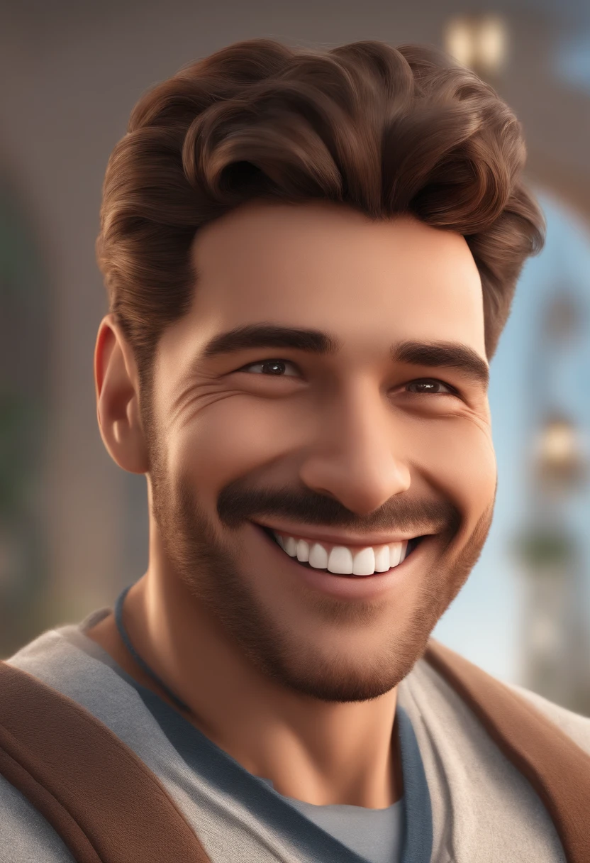 Smiling Man Illustration, sorriso insano, Homem de pele marrom com um sorriso gigante, happily smiling at the camera, sorriso atrevido, he's smiling, sorriso muito grande, Macho sorridente, foto de perfil headshot, rindo sorriso enorme, desenhando no estilo de Arte 3D, c4d, fundo de cor branco puro, estilo disney, Super Detalhe, 8k
