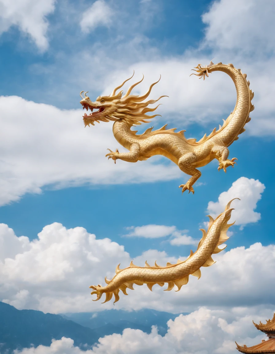 Gold Dragon、Glide through the sky、Blue sky and white clouds、Lotus flowers are blooming
