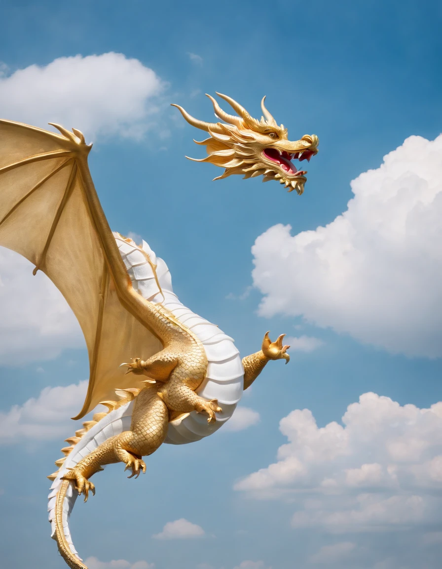 Gold Dragon、Glide through the sky、Blue sky and white clouds、Lotus flowers are blooming