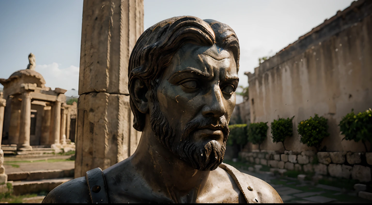 Ancient Stoic Statue With Very Angry Expression, tem barba, muitos detalhes em ambos os olhos, Outside, fundo atenas grego, open sky, com rosto extremamente detalhado full body view, Colors with low saturation with dark tone, Filmado em Sony A7S III com Sony FE 35mm f/1.8, 12.1 MP, --AR 3:2 --estilo cru