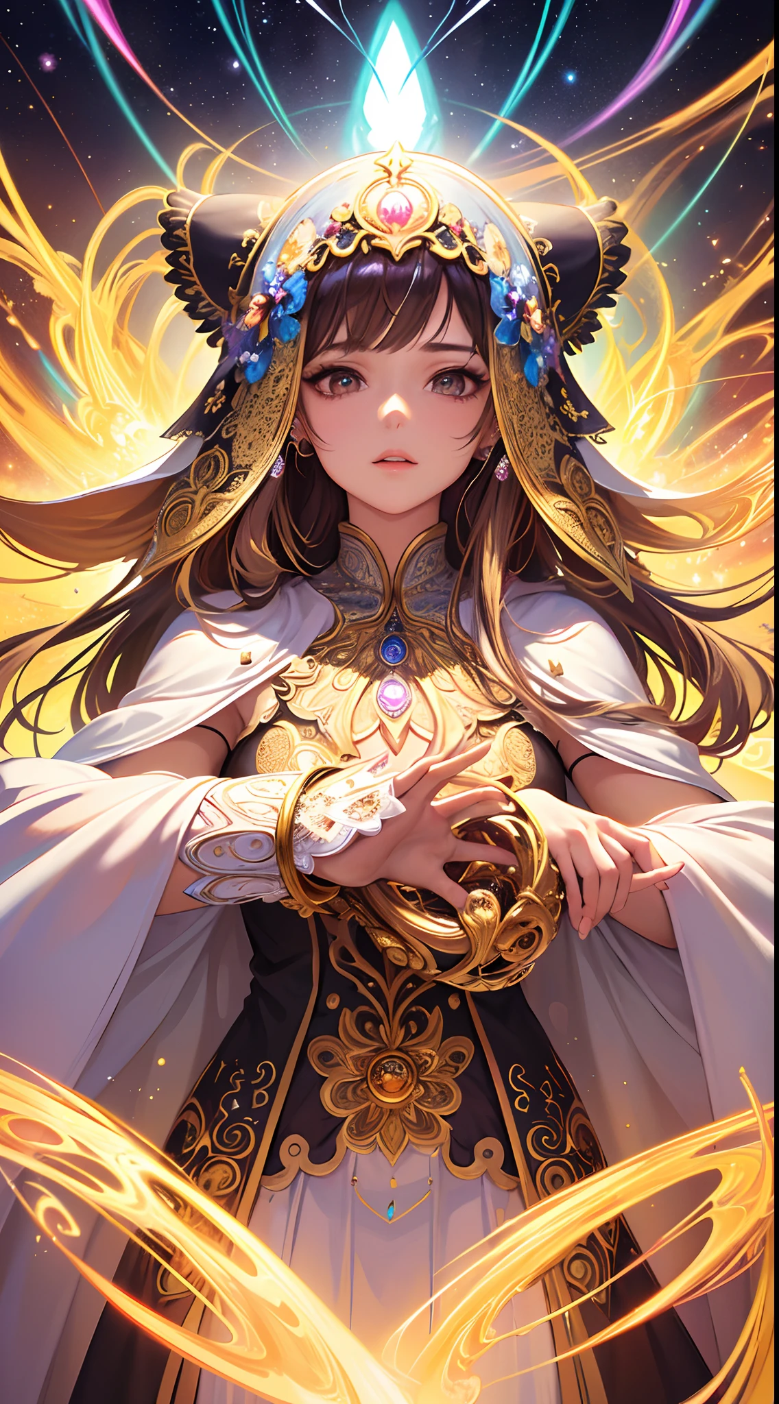 (masterpiece, top quality, best quality, official art, beautiful and aesthetic:1.2), (1girl), extreme detailed, (fractal art:1.3), colorful, highest detailed, perfect face, upper body, HDR, (praying:1.3), (white cloak golden lines:1.2), galaxy, (light streaks), striking visuals, (dynamic streaks, luminous trails:1.2), vibrant colors,